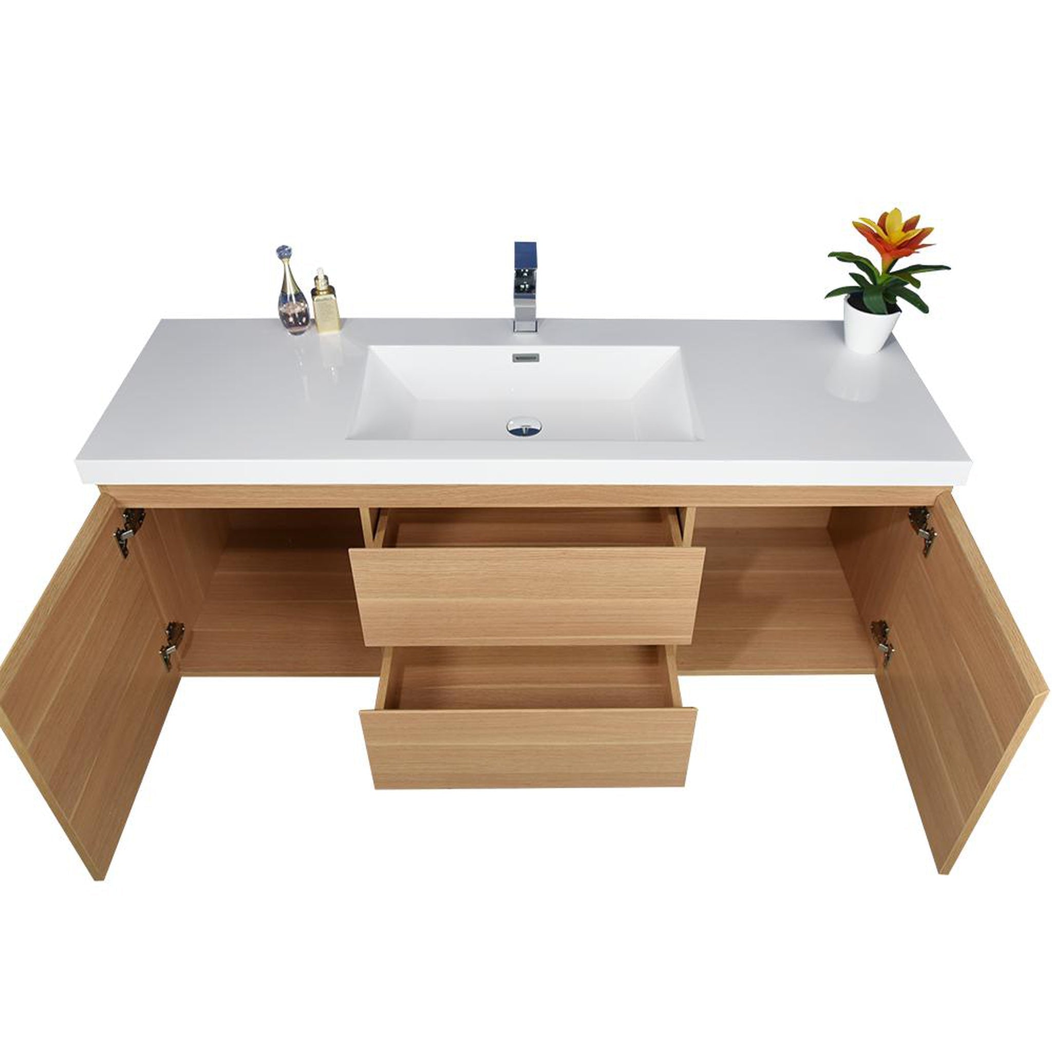 Boho Elegance 60&quot; White Oak Wall-Mounted Vanity With Single Reinforced White Acrylic Sink