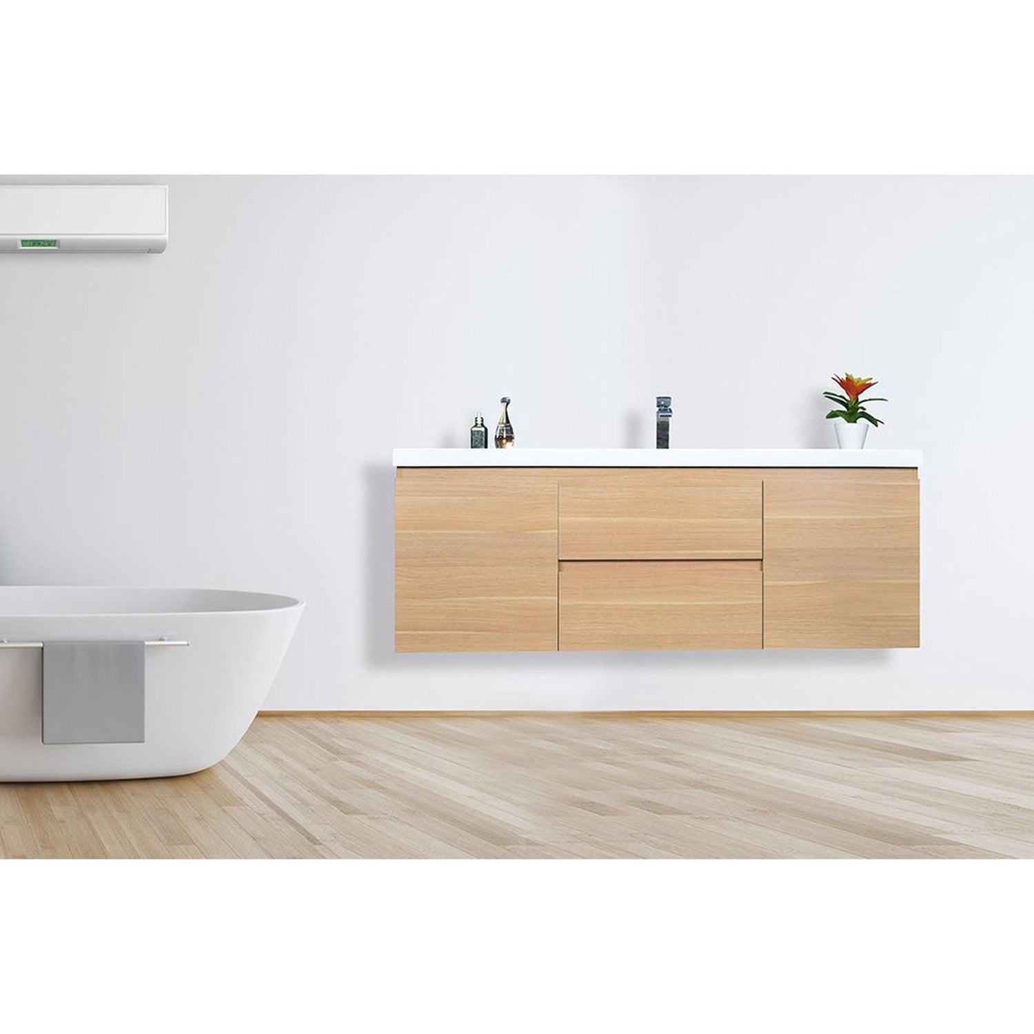 Boho Elegance 60&quot; White Oak Wall-Mounted Vanity With Single Reinforced White Acrylic Sink