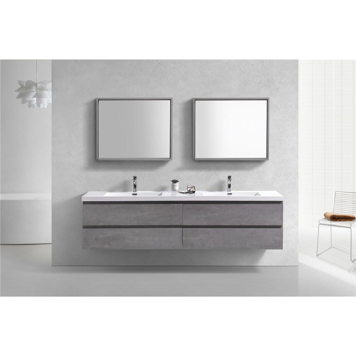 Boho Elegance 72&quot; Cement Gray Wall-Mounted Vanity With Double Reinforced White Acrylic Sinks