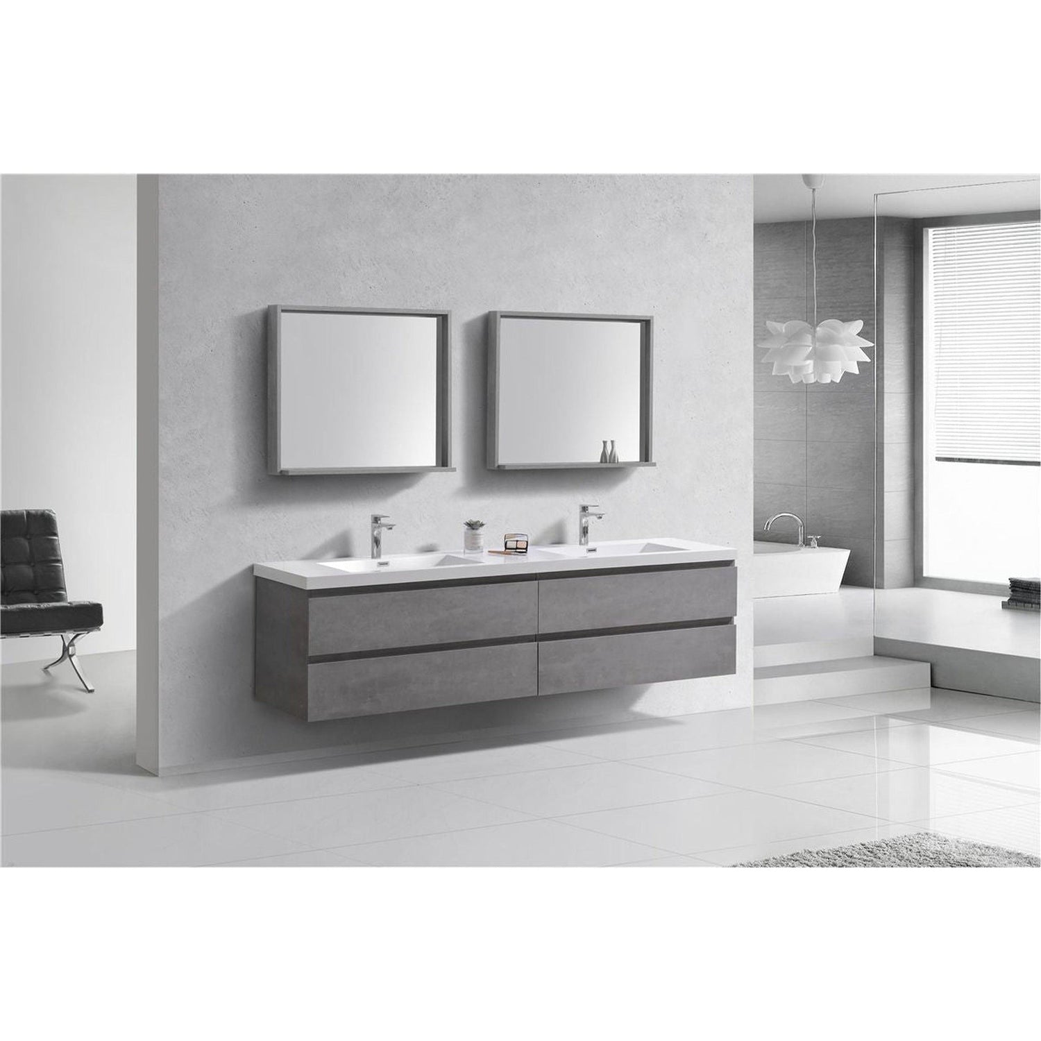 Boho Elegance 72&quot; Cement Gray Wall-Mounted Vanity With Double Reinforced White Acrylic Sinks