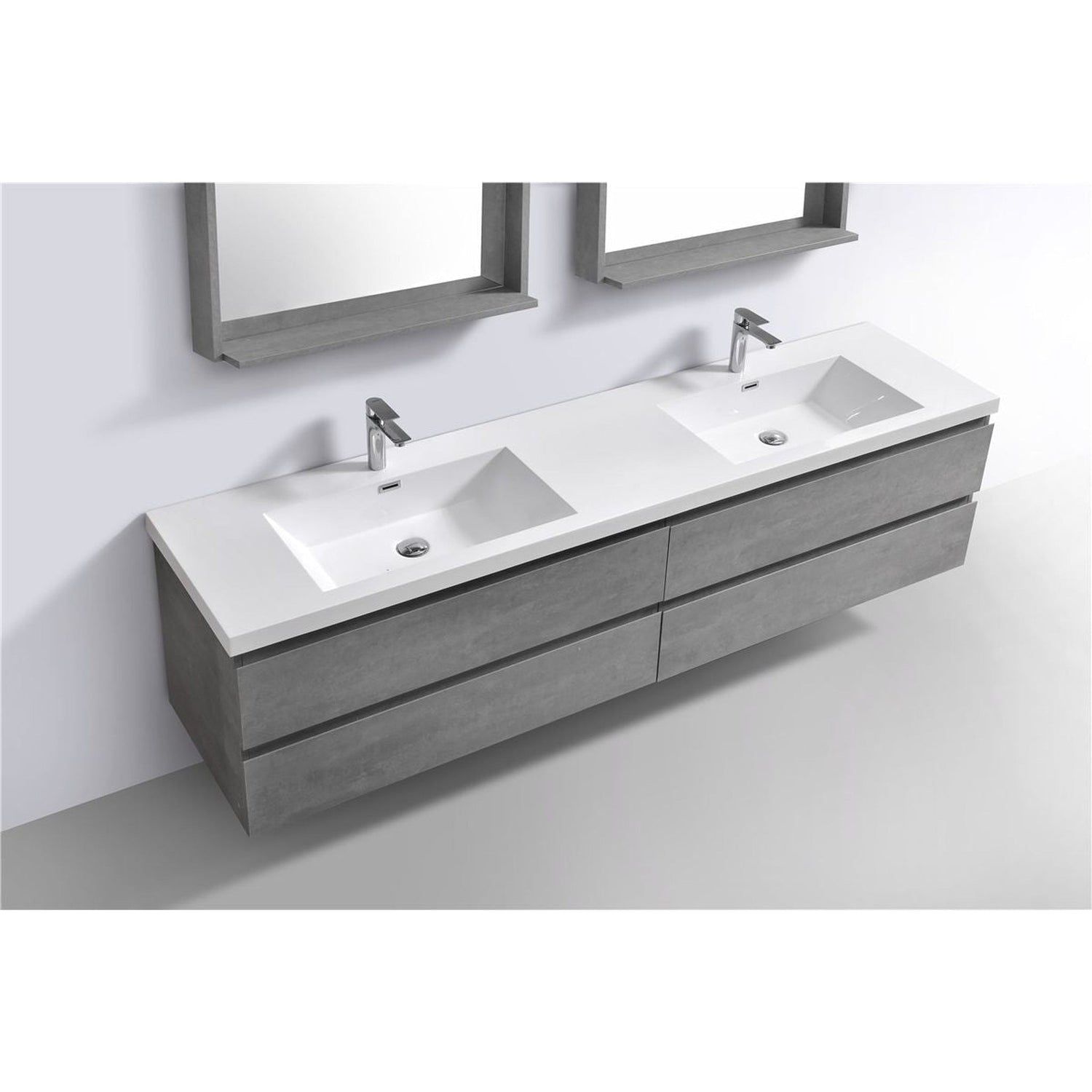 Boho Elegance 72&quot; Cement Gray Wall-Mounted Vanity With Double Reinforced White Acrylic Sinks