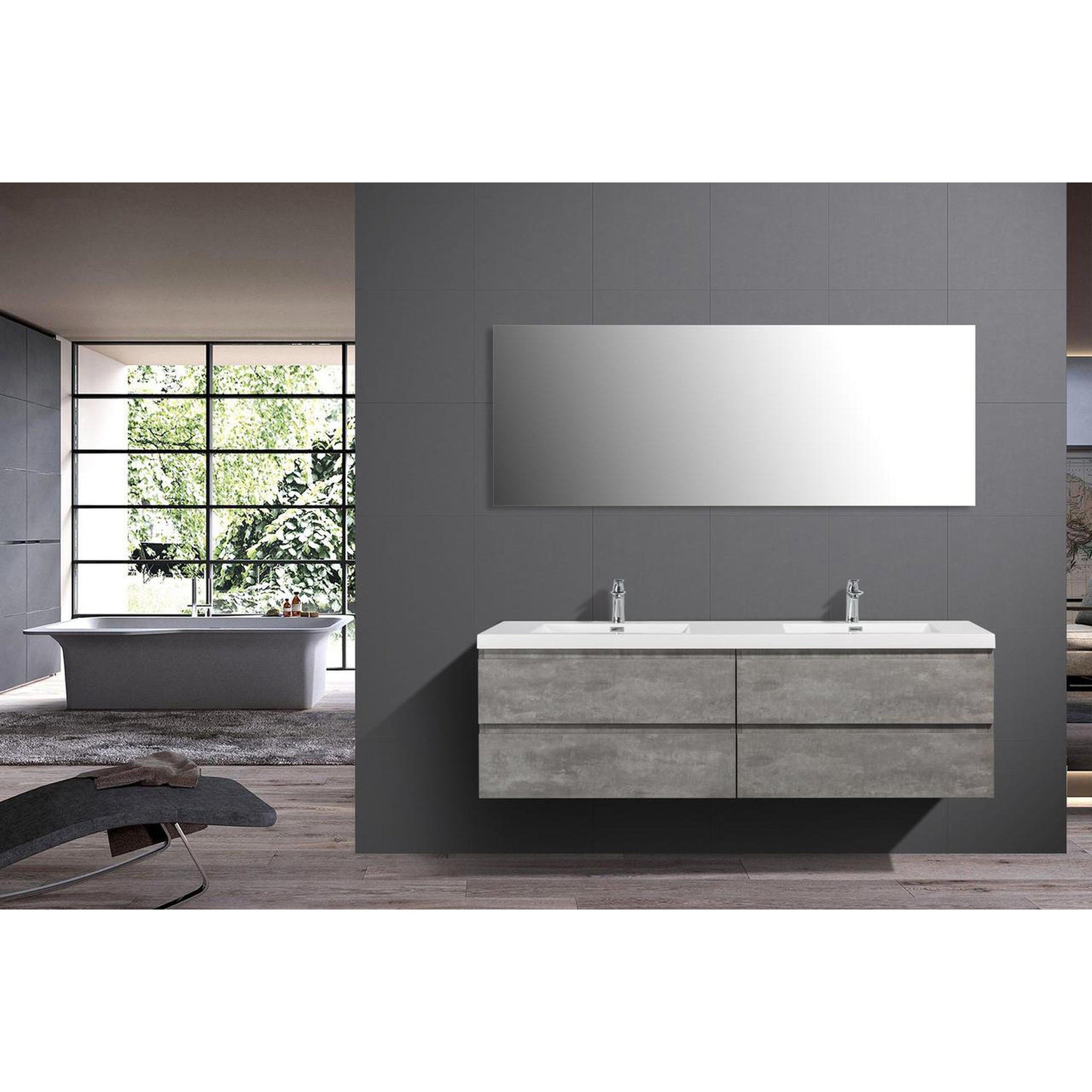 Boho Elegance 72&quot; Cement Gray Wall-Mounted Vanity With Double Reinforced White Acrylic Sinks