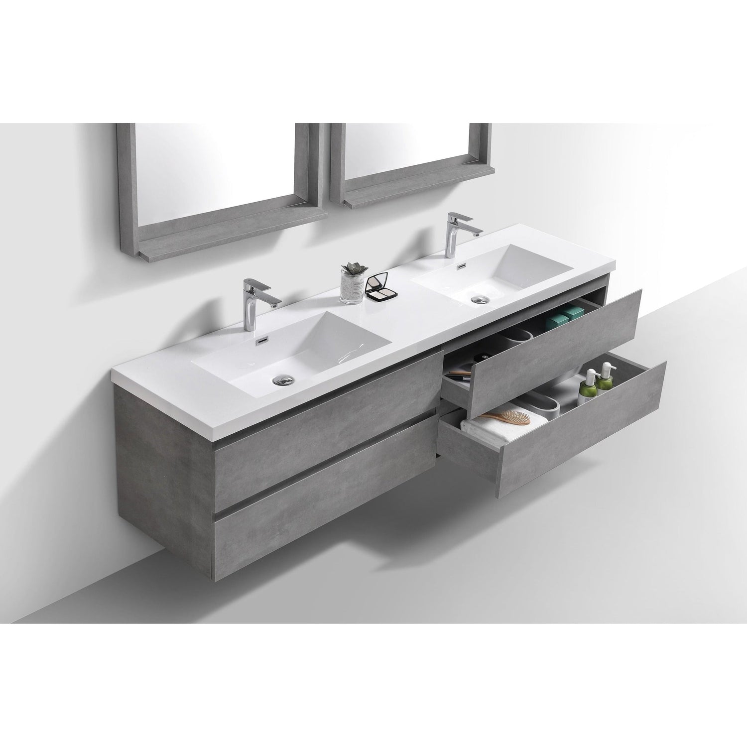 Boho Elegance 72&quot; Cement Gray Wall-Mounted Vanity With Double Reinforced White Acrylic Sinks