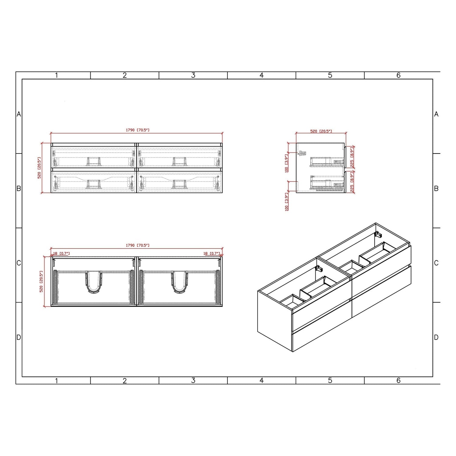 Boho Elegance 72&quot; Cement Gray Wall-Mounted Vanity With Double Reinforced White Acrylic Sinks