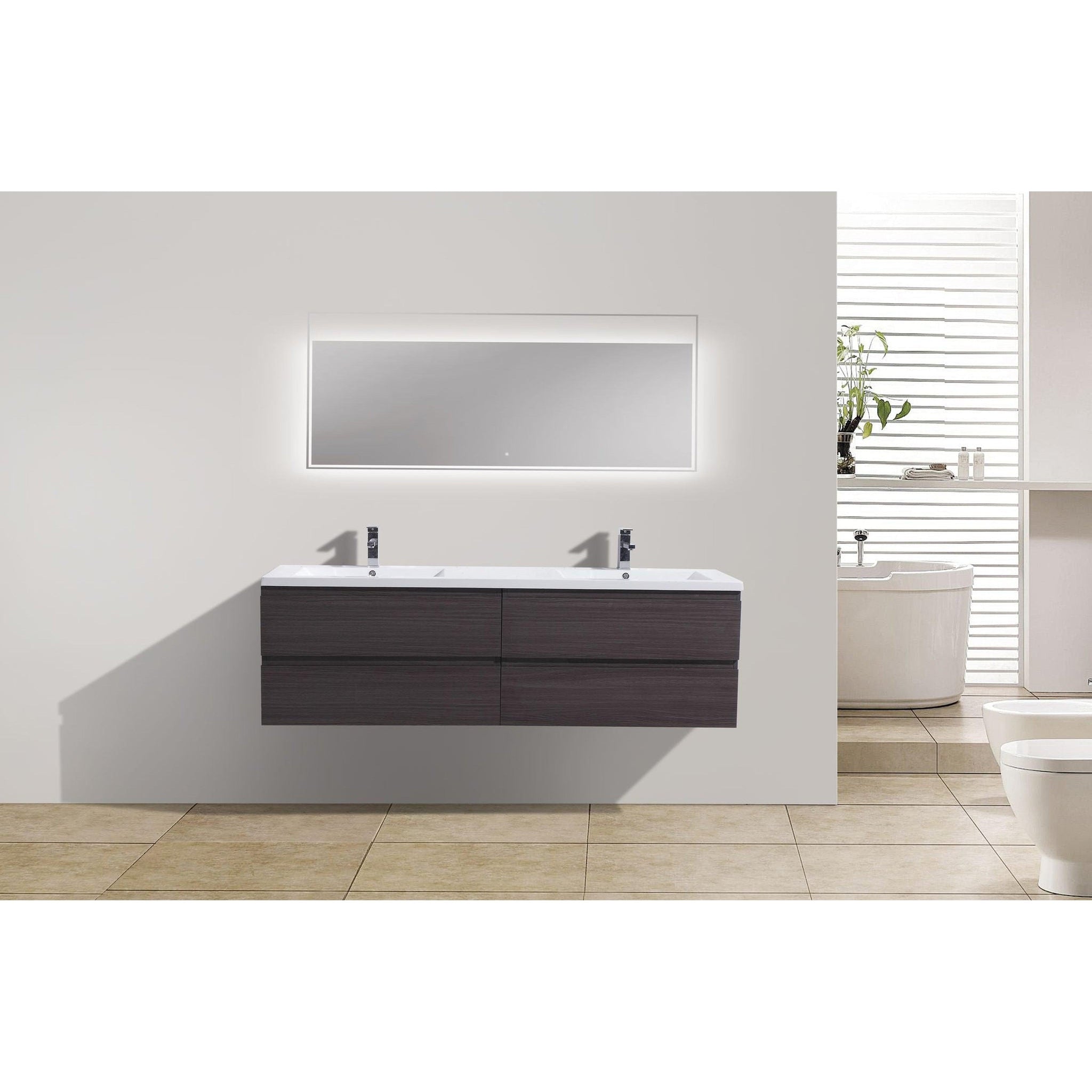 Boho Elegance 72&quot; Dark Gray Oak Wall-Mounted Vanity With Double Reinforced White Acrylic Sinks