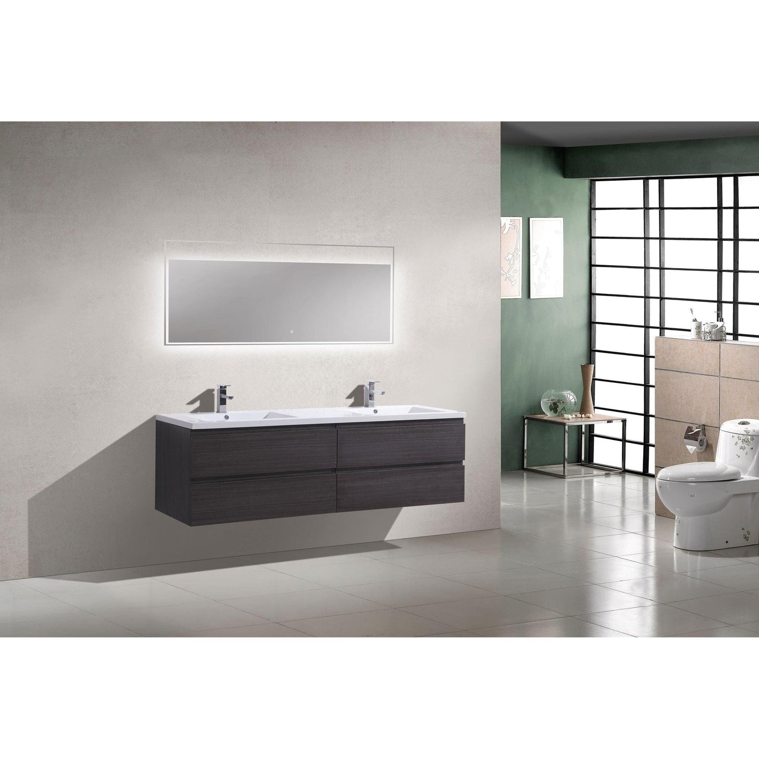 Boho Elegance 72&quot; Dark Gray Oak Wall-Mounted Vanity With Double Reinforced White Acrylic Sinks