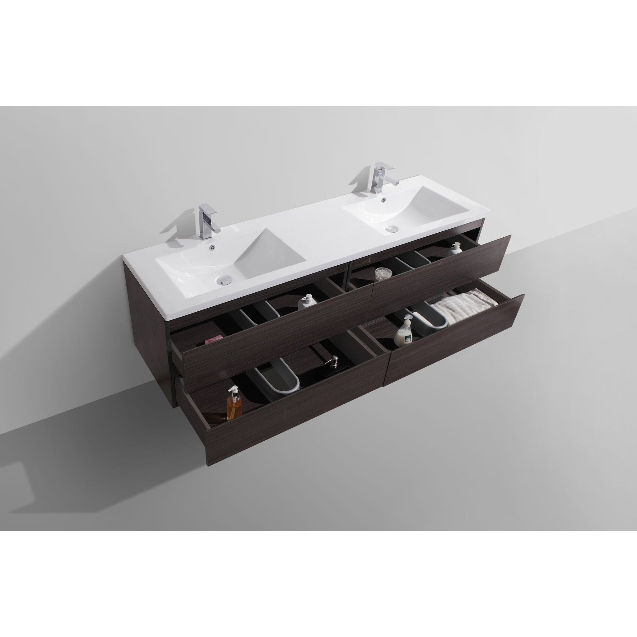 Boho Elegance 72&quot; Dark Gray Oak Wall-Mounted Vanity With Double Reinforced White Acrylic Sinks