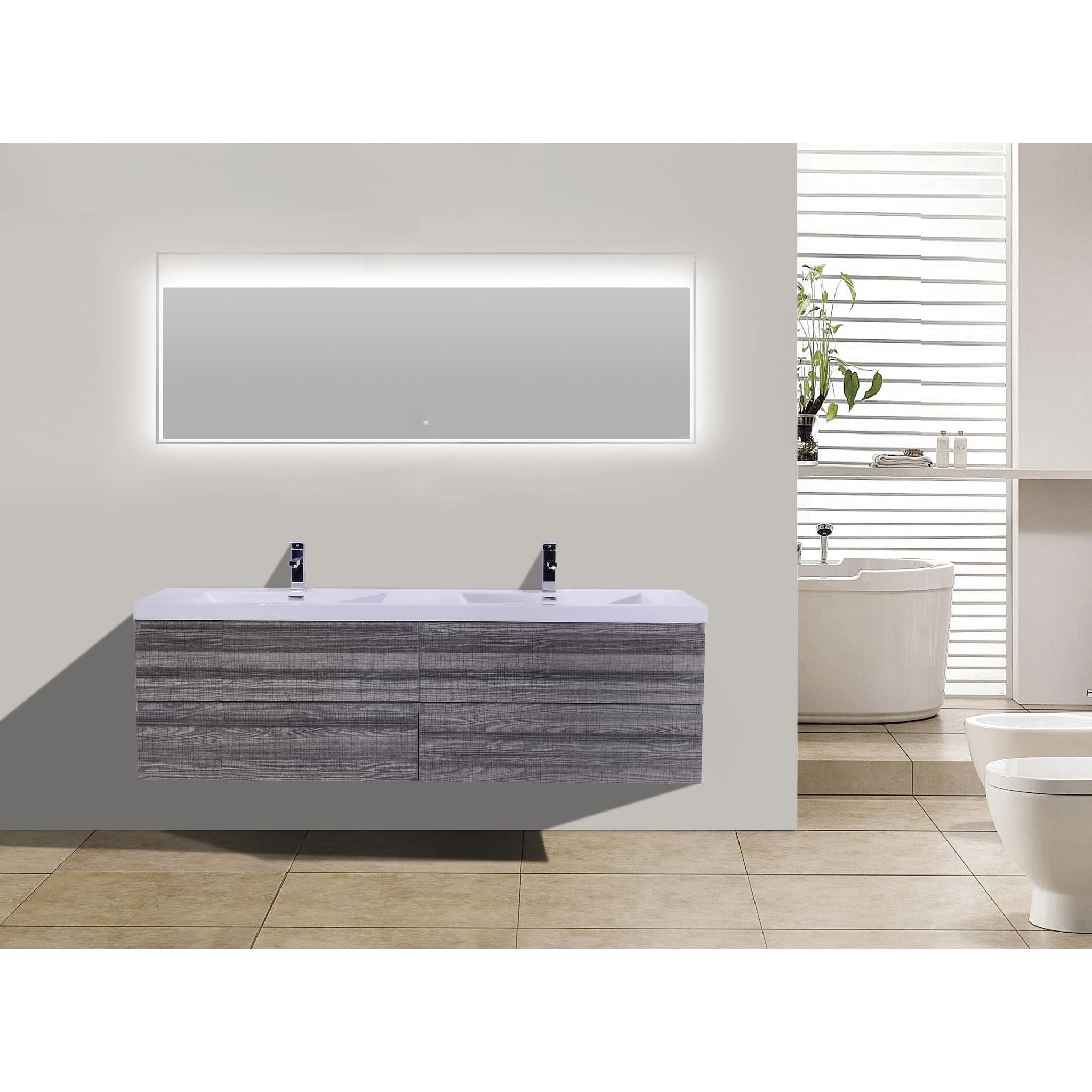 Boho Elegance 72&quot; High Gloss Ash Gray Wall-Mounted Vanity With Double Reinforced White Acrylic Sinks