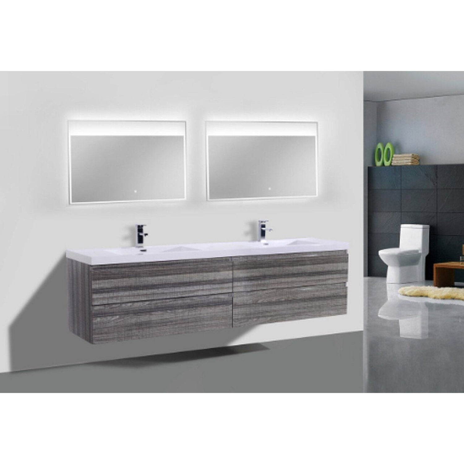 Boho Elegance 72&quot; High Gloss Ash Gray Wall-Mounted Vanity With Double Reinforced White Acrylic Sinks