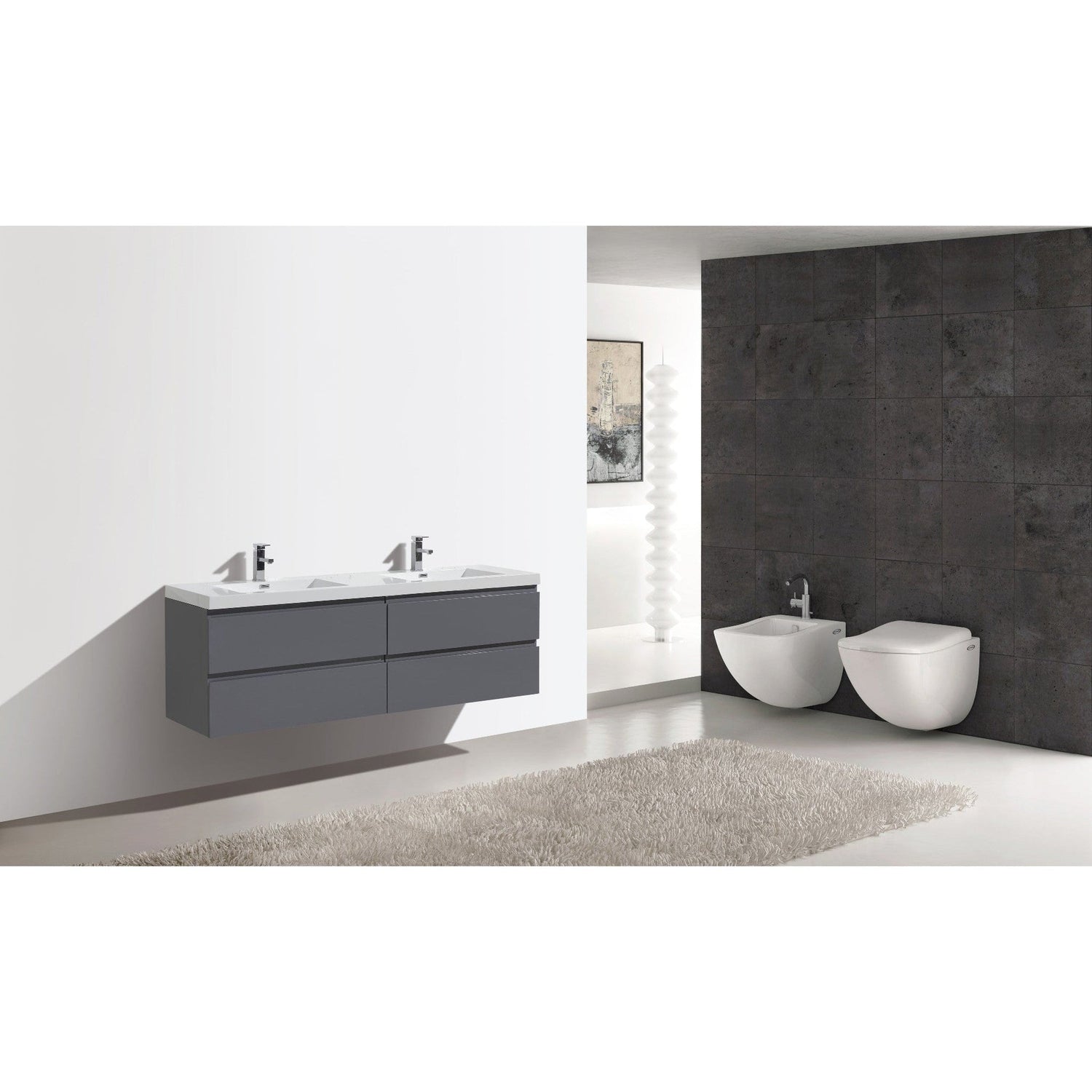 Boho Elegance 72&quot; High Gloss Gray Wall-Mounted Vanity With Double Reinforced White Acrylic Sinks