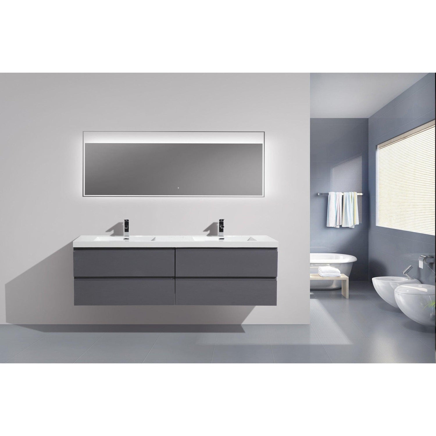 Boho Elegance 72&quot; High Gloss Gray Wall-Mounted Vanity With Double Reinforced White Acrylic Sinks