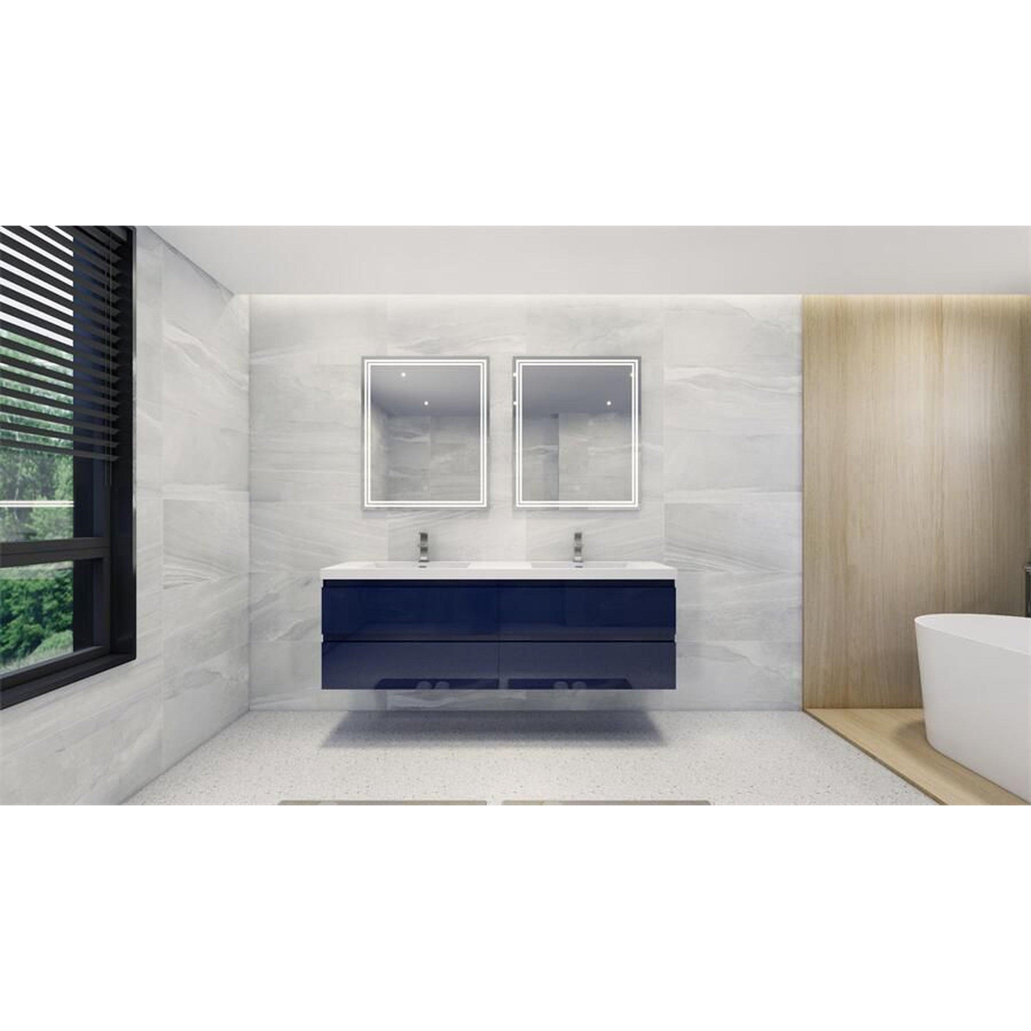 Boho Elegance 72&quot; High Gloss Night Blue Wall-Mounted Vanity With Double Reinforced White Acrylic Sinks