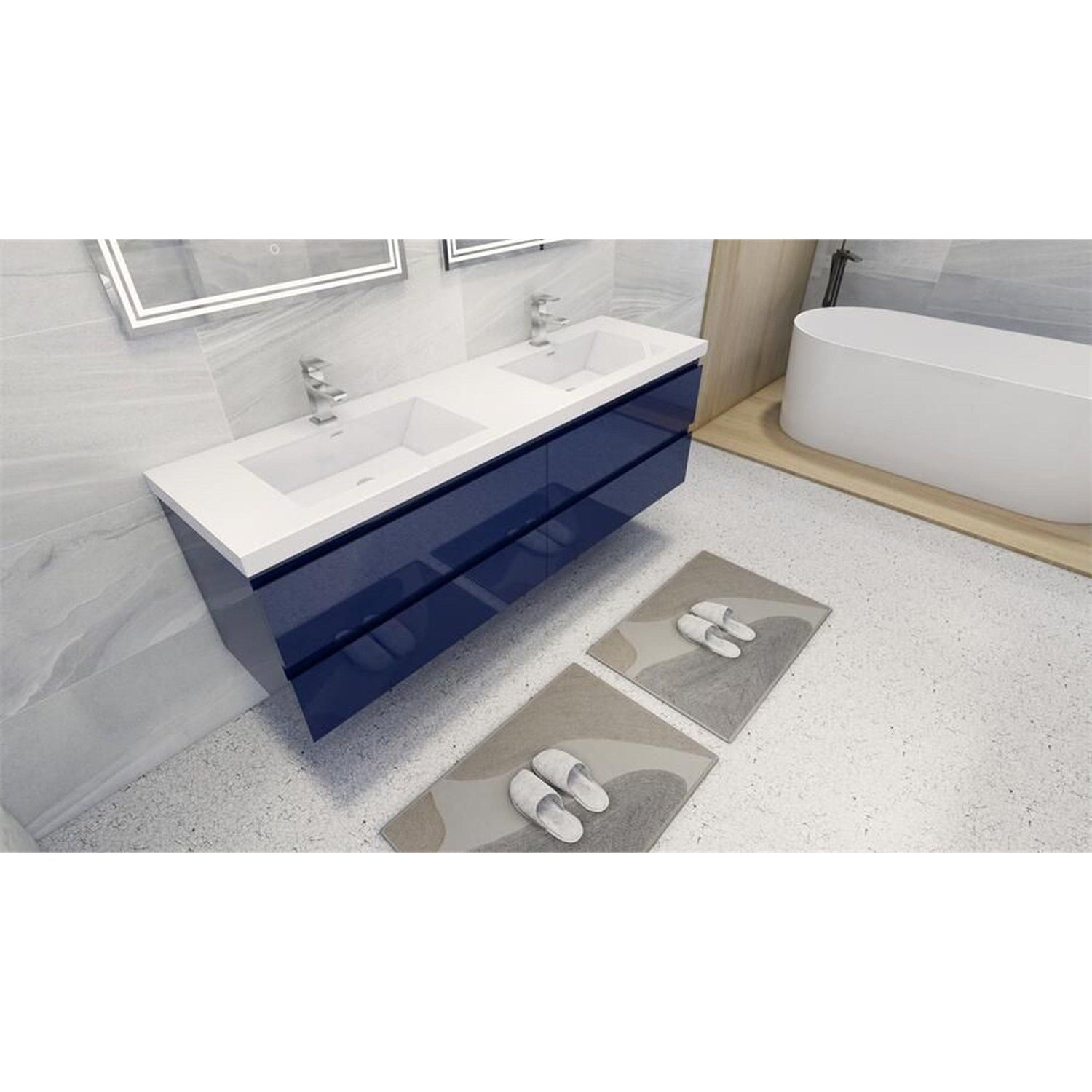 Boho Elegance 72&quot; High Gloss Night Blue Wall-Mounted Vanity With Double Reinforced White Acrylic Sinks