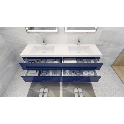 Boho Elegance 72&quot; High Gloss Night Blue Wall-Mounted Vanity With Double Reinforced White Acrylic Sinks