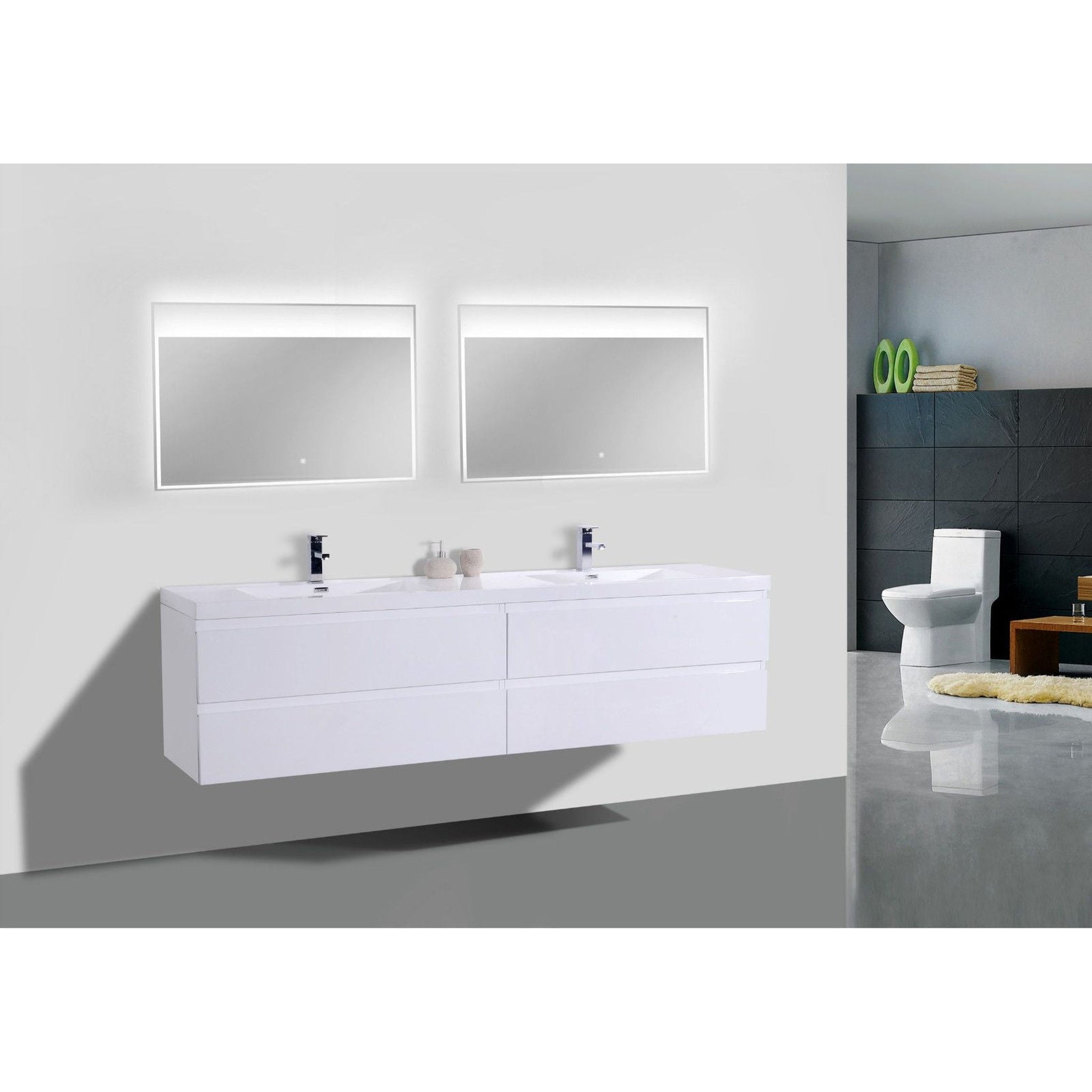 Boho Elegance 72&quot; High Gloss White Wall-Mounted Vanity With Double Reinforced White Acrylic Sinks