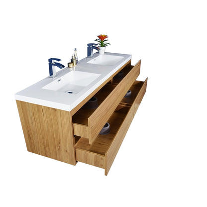 Boho Elegance 72&quot; Nature Oak Wall-Mounted Vanity With Double Reinforced White Acrylic Sinks