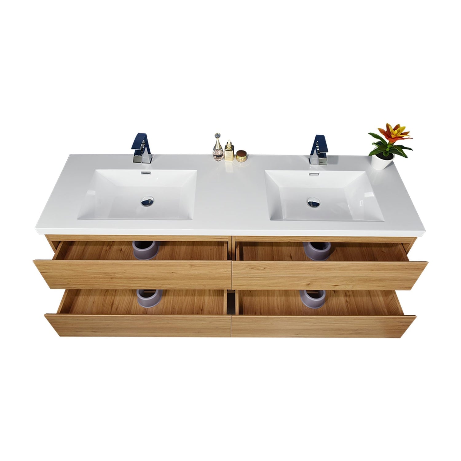 Boho Elegance 72&quot; Nature Oak Wall-Mounted Vanity With Double Reinforced White Acrylic Sinks