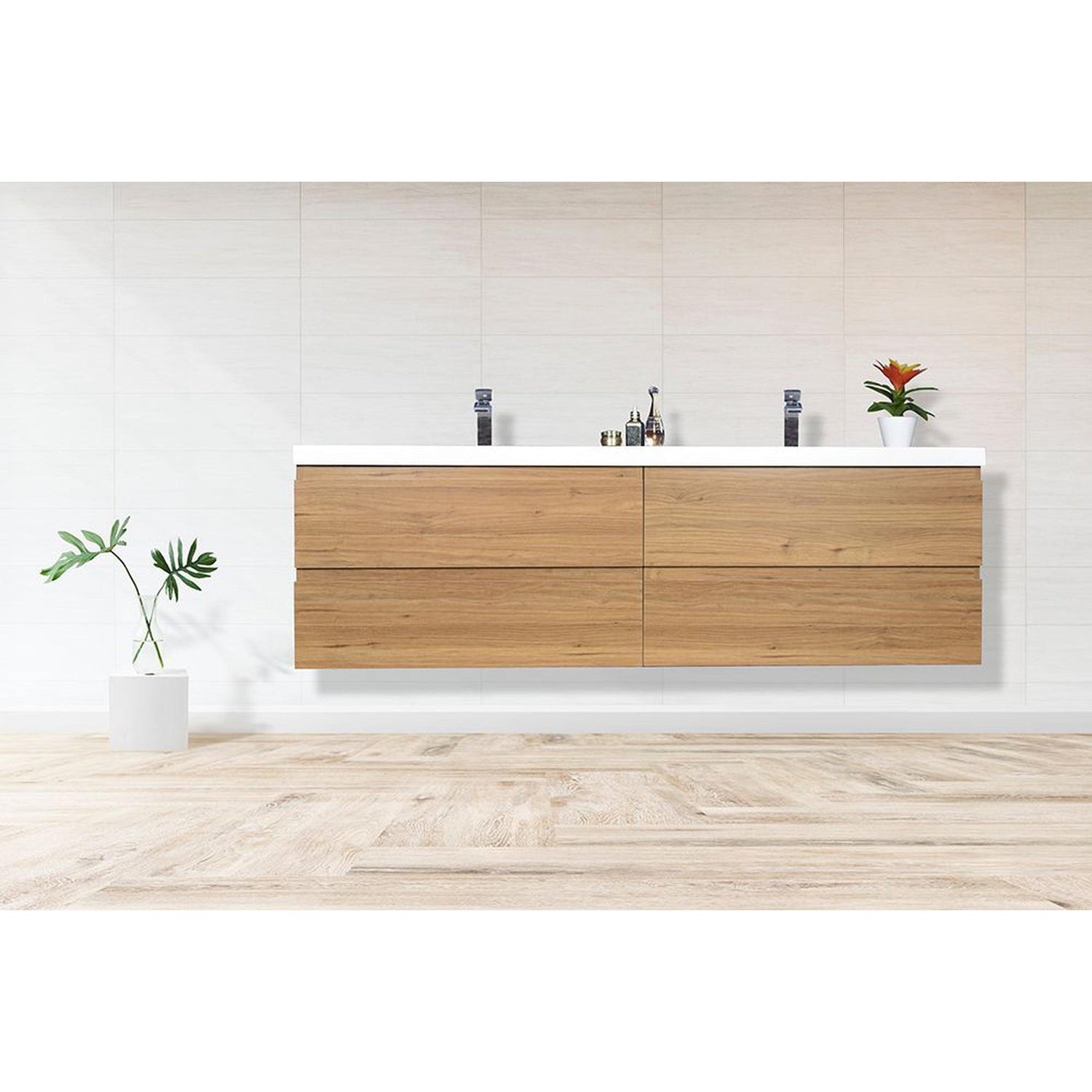 Boho Elegance 72&quot; Nature Oak Wall-Mounted Vanity With Double Reinforced White Acrylic Sinks