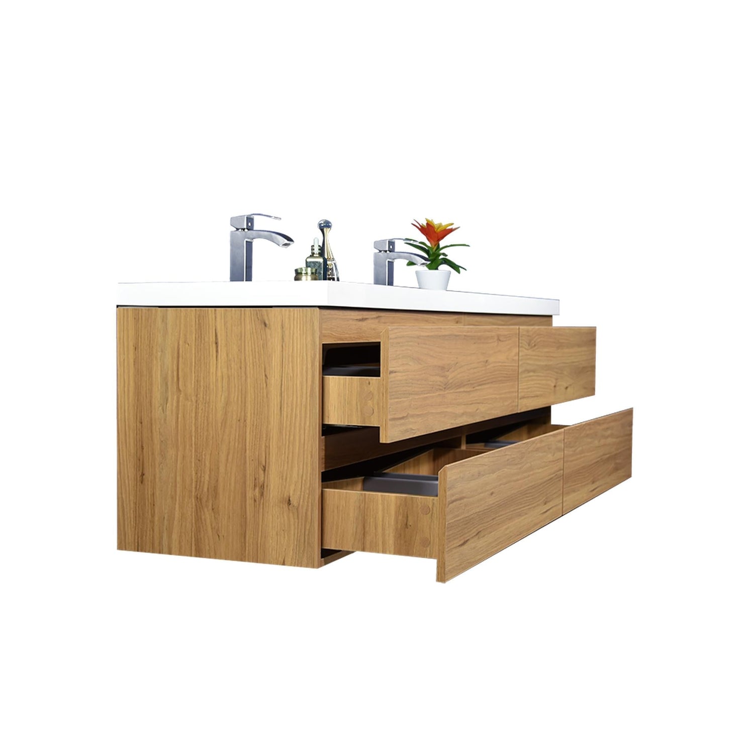 Boho Elegance 72&quot; Nature Oak Wall-Mounted Vanity With Double Reinforced White Acrylic Sinks