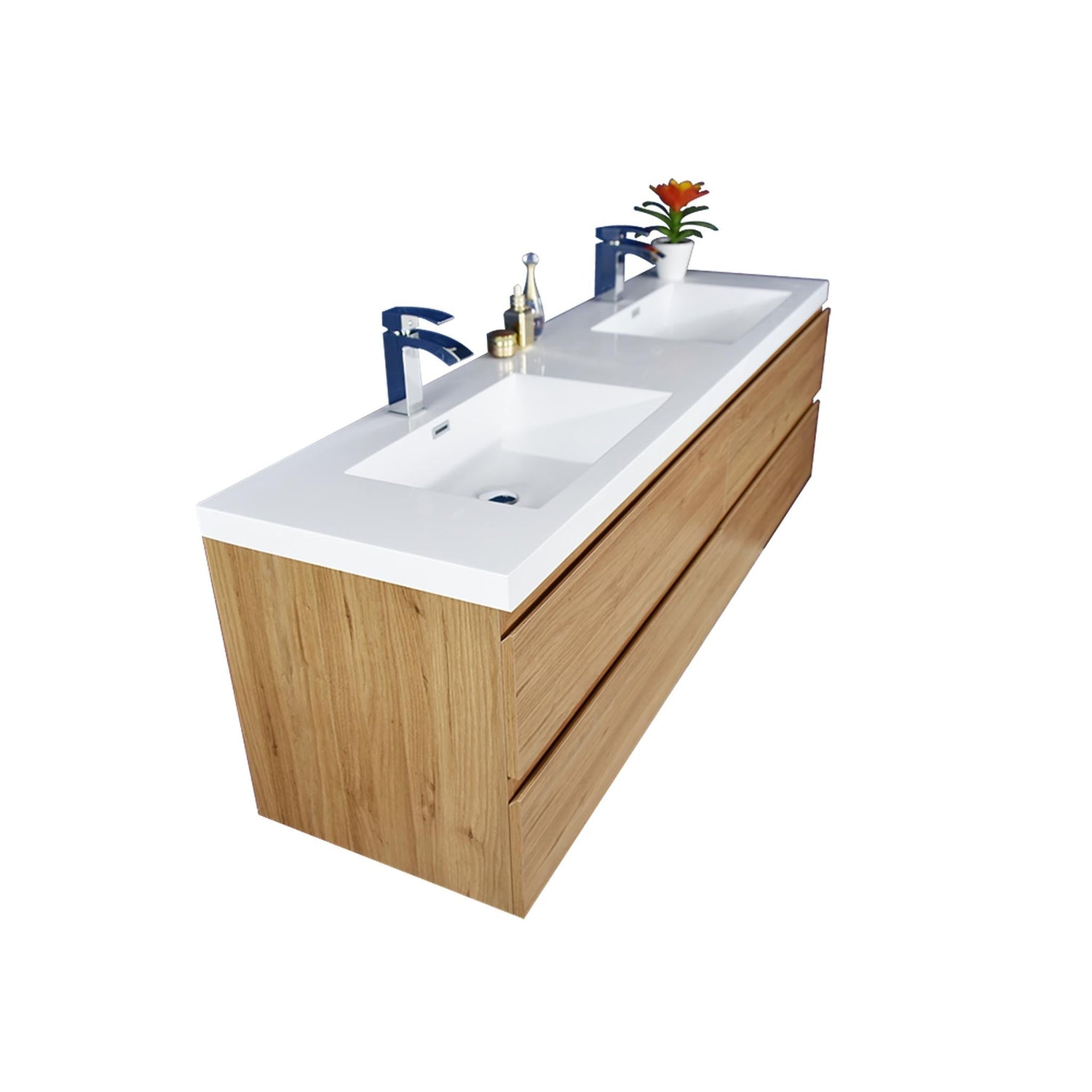 Boho Elegance 72&quot; Nature Oak Wall-Mounted Vanity With Double Reinforced White Acrylic Sinks