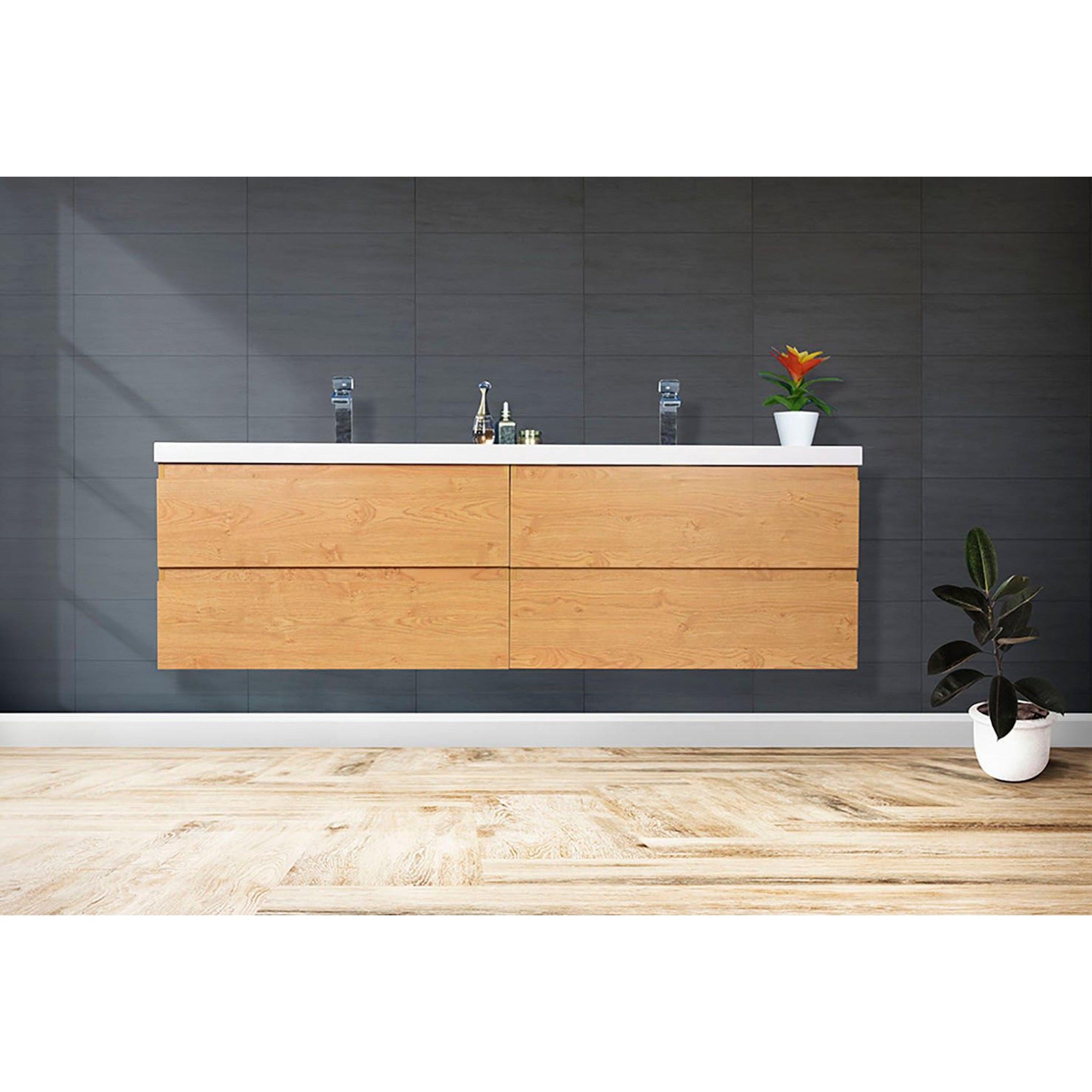 Boho Elegance 72&quot; New England Oak Wall-Mounted Vanity With Double Reinforced White Acrylic Sinks