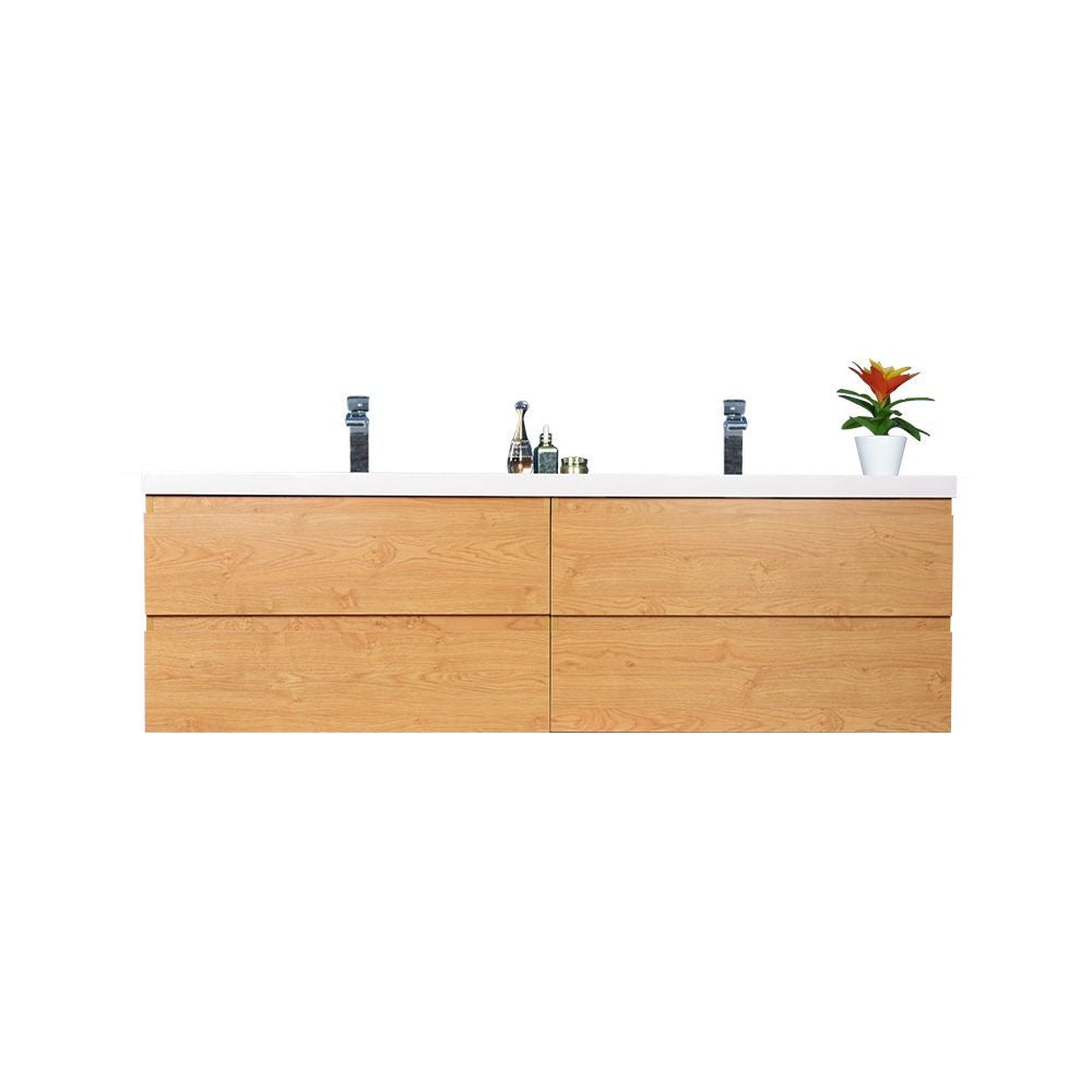 Boho Elegance 72&quot; New England Oak Wall-Mounted Vanity With Double Reinforced White Acrylic Sinks