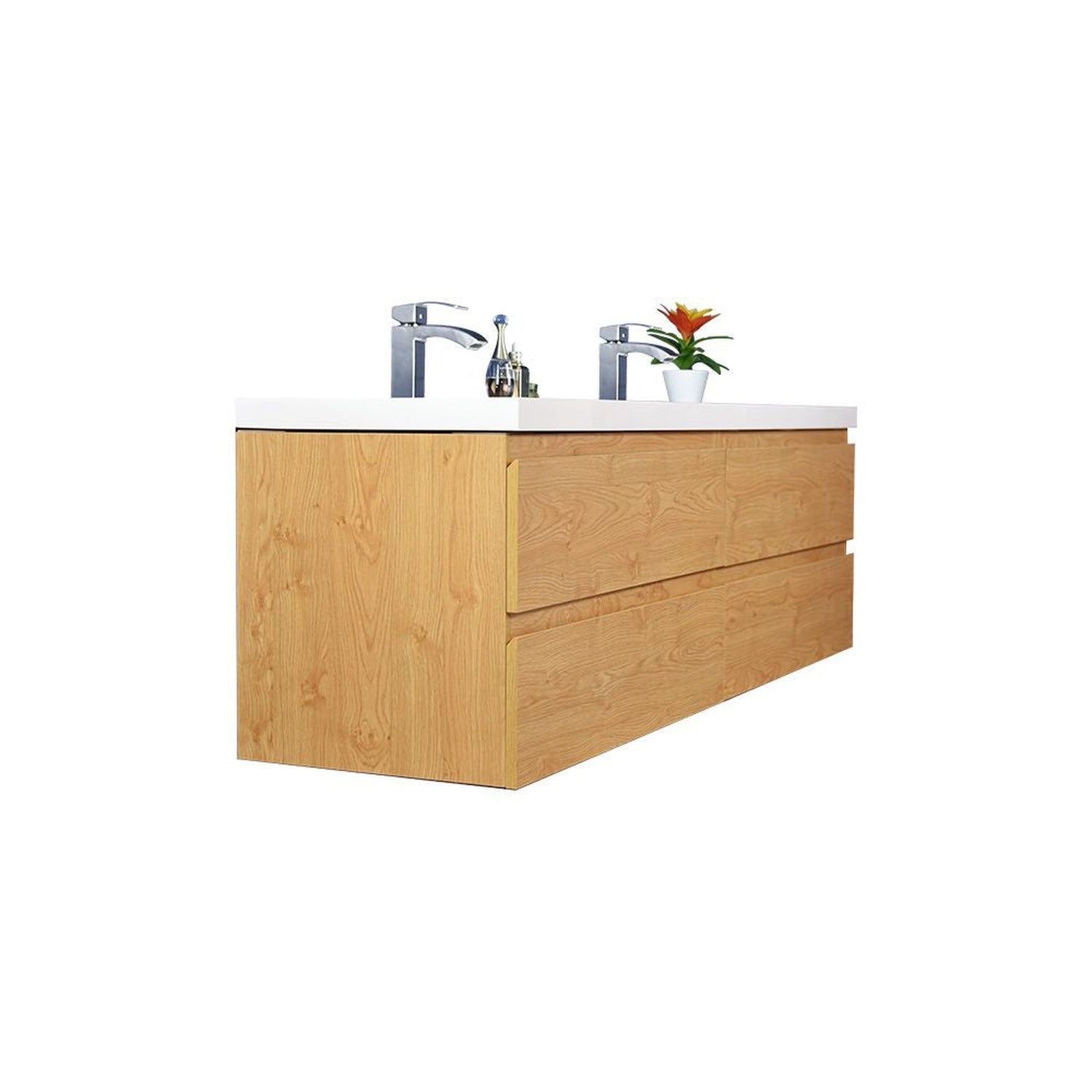 Boho Elegance 72&quot; New England Oak Wall-Mounted Vanity With Double Reinforced White Acrylic Sinks