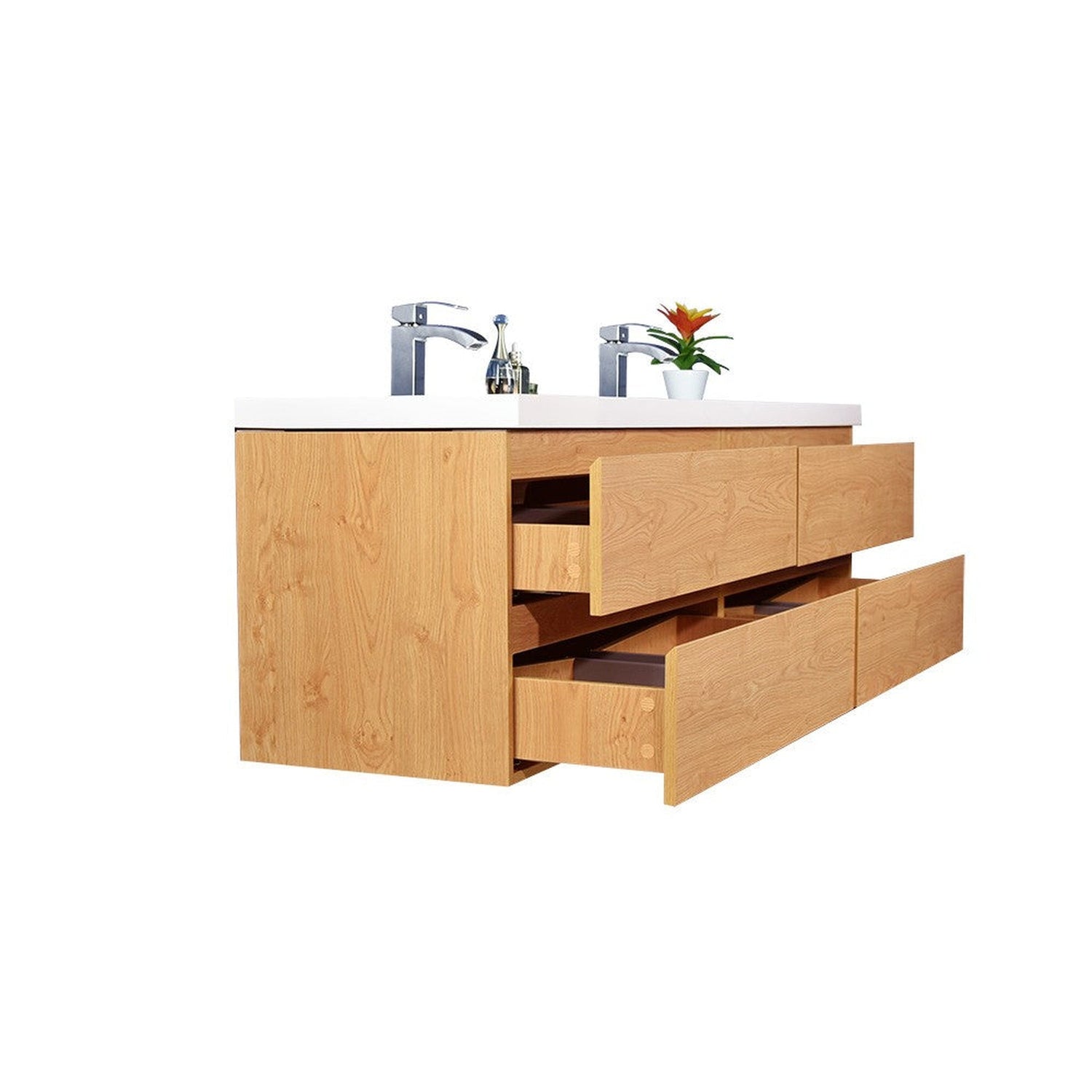 Boho Elegance 72&quot; New England Oak Wall-Mounted Vanity With Double Reinforced White Acrylic Sinks