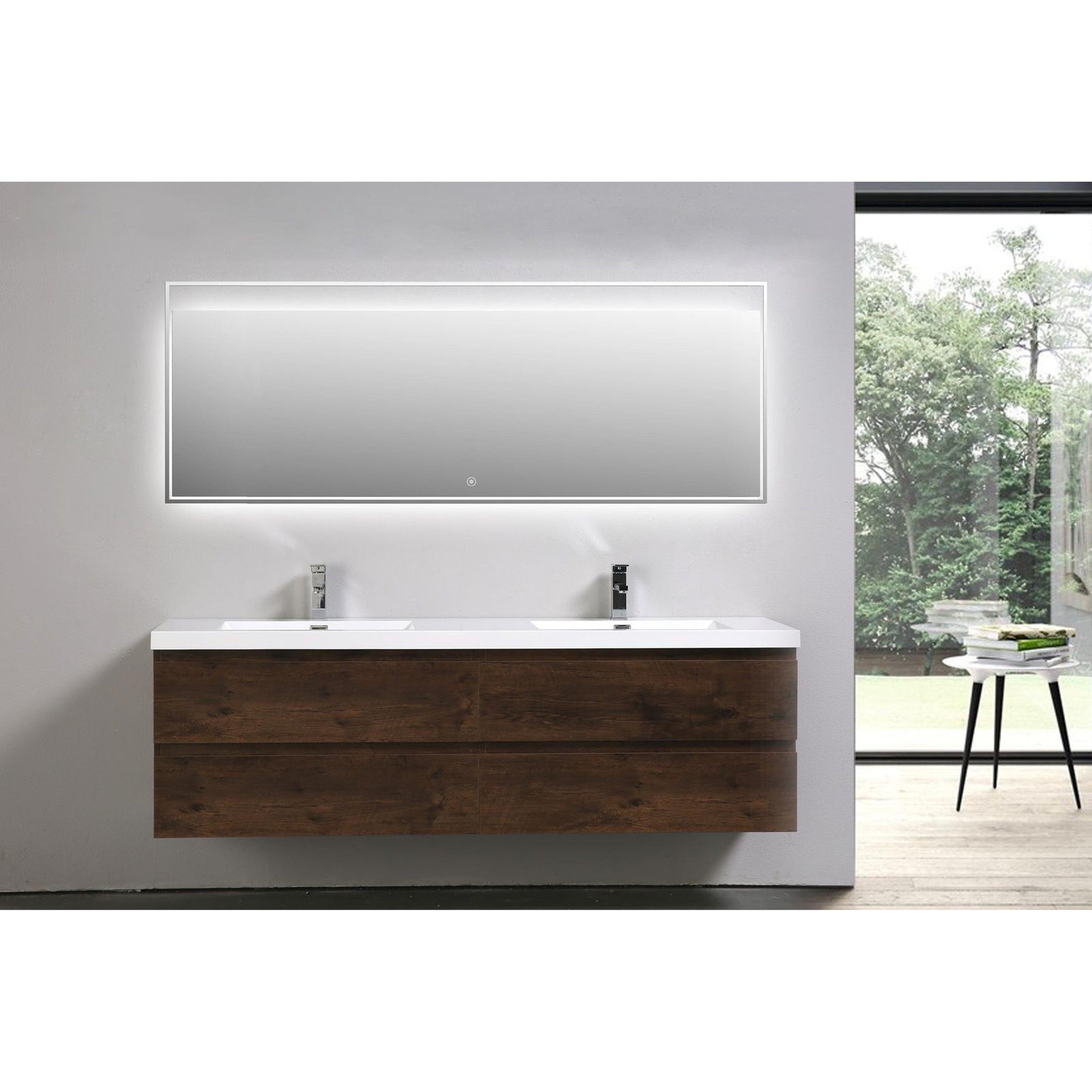 Boho Elegance 72&quot; Rosewood Wall-Mounted Vanity With Double Reinforced White Acrylic Sinks