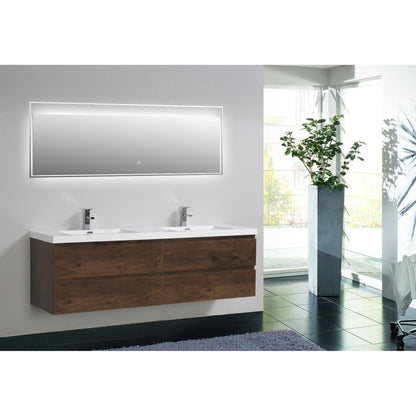 Boho Elegance 72&quot; Rosewood Wall-Mounted Vanity With Double Reinforced White Acrylic Sinks