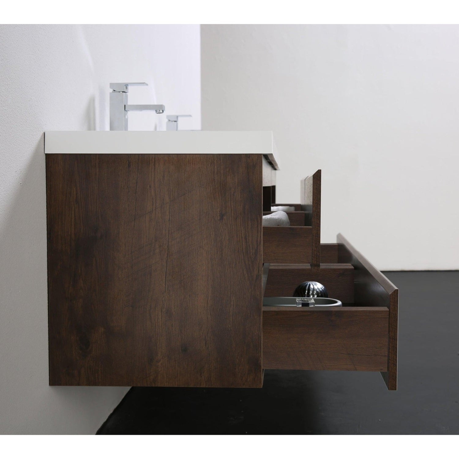 Boho Elegance 72&quot; Rosewood Wall-Mounted Vanity With Double Reinforced White Acrylic Sinks