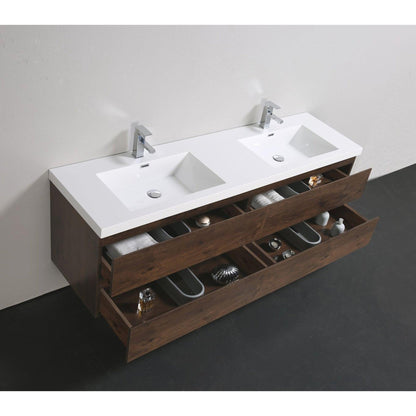 Boho Elegance 72&quot; Rosewood Wall-Mounted Vanity With Double Reinforced White Acrylic Sinks