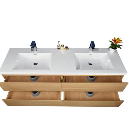 Boho Elegance 72&quot; White Oak Wall-Mounted Vanity With Double Reinforced White Acrylic Sinks