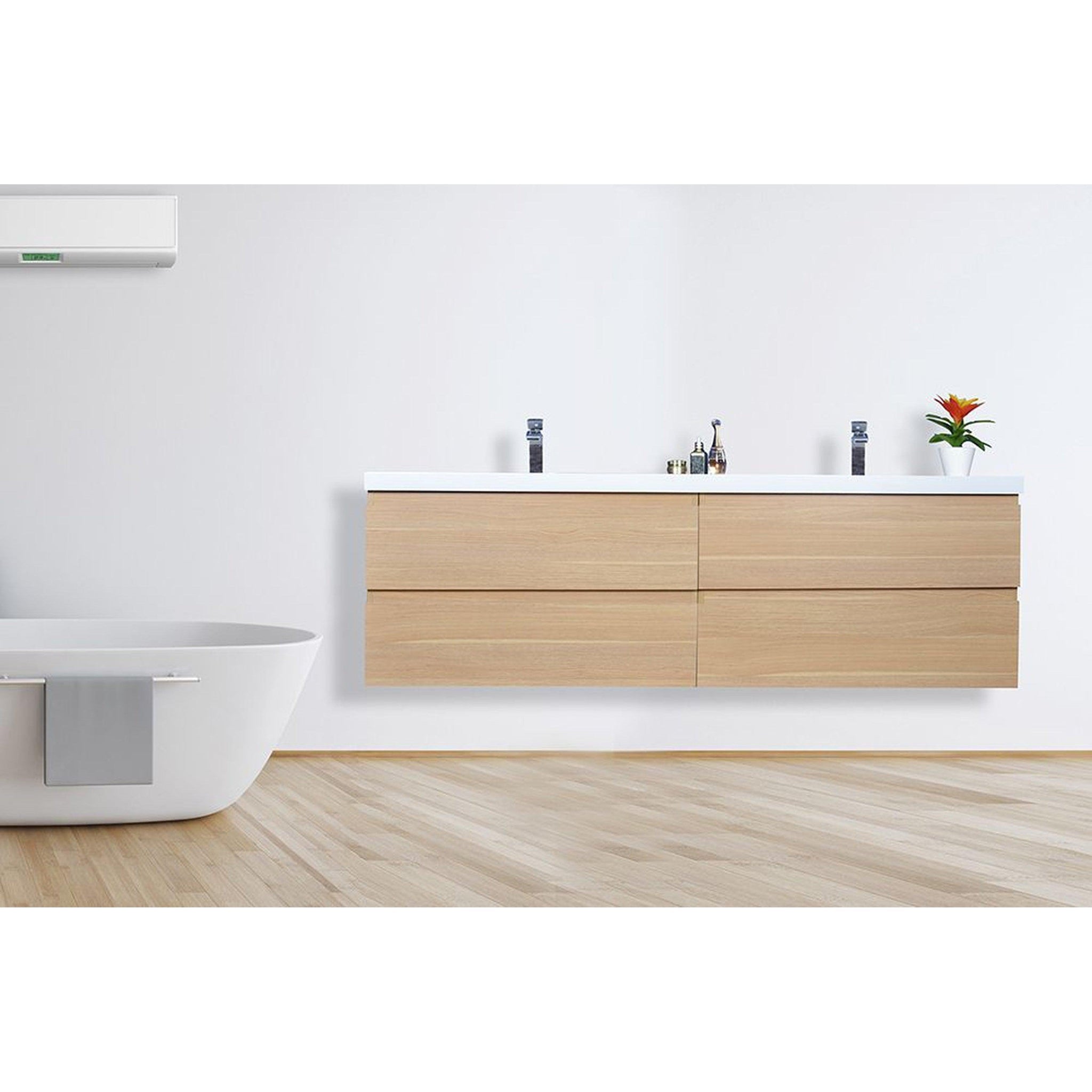 Boho Elegance 72&quot; White Oak Wall-Mounted Vanity With Double Reinforced White Acrylic Sinks