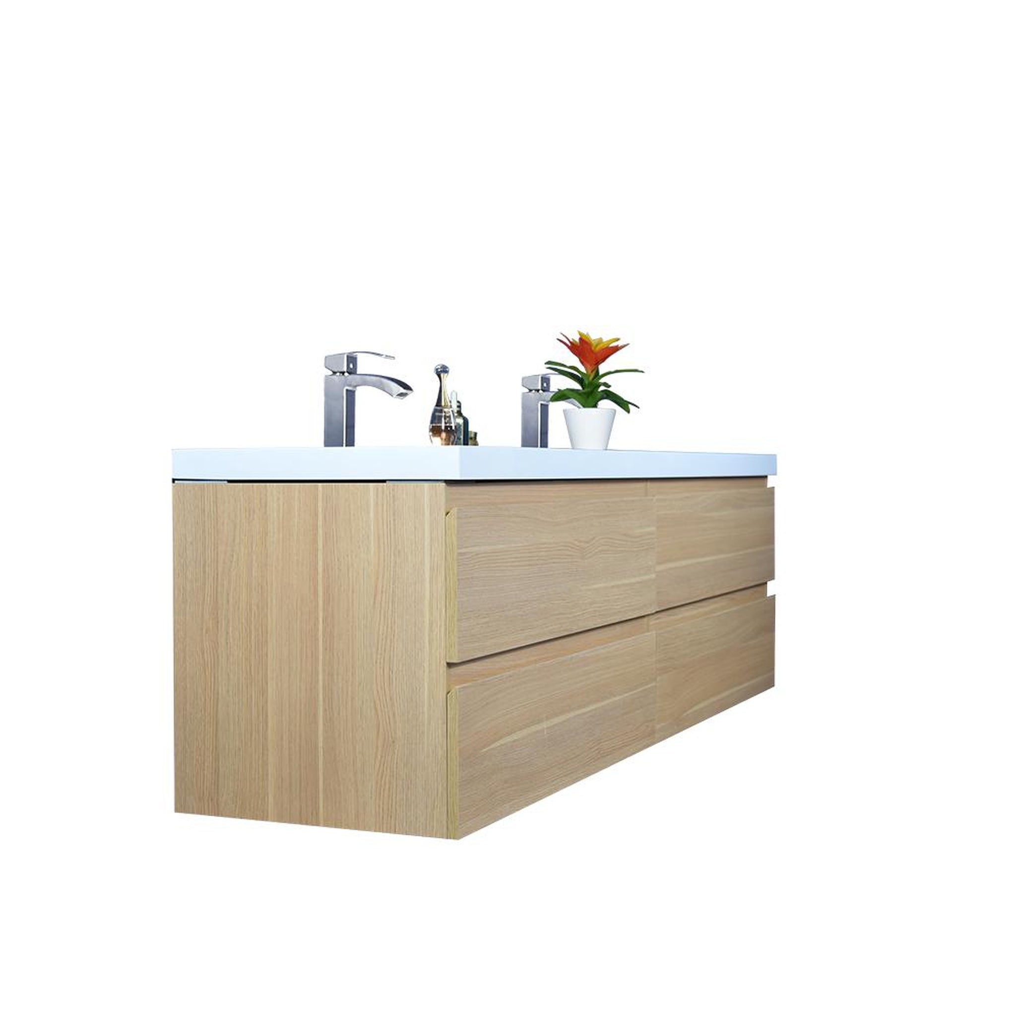 Boho Elegance 72&quot; White Oak Wall-Mounted Vanity With Double Reinforced White Acrylic Sinks