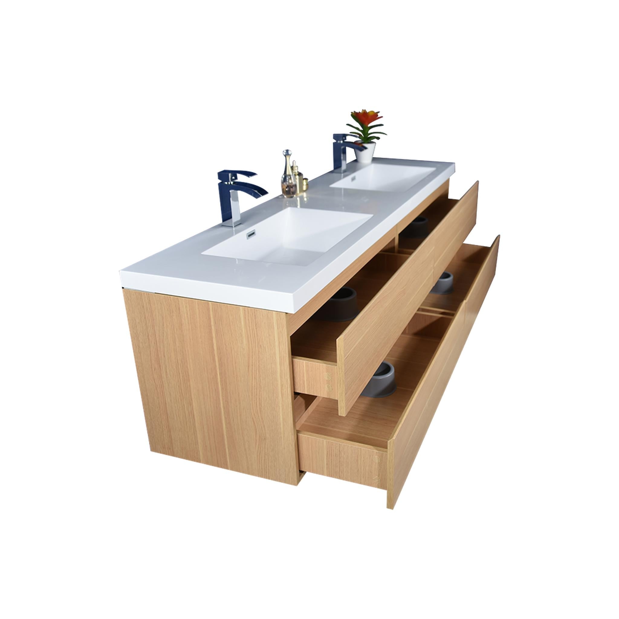 Boho Elegance 72&quot; White Oak Wall-Mounted Vanity With Double Reinforced White Acrylic Sinks