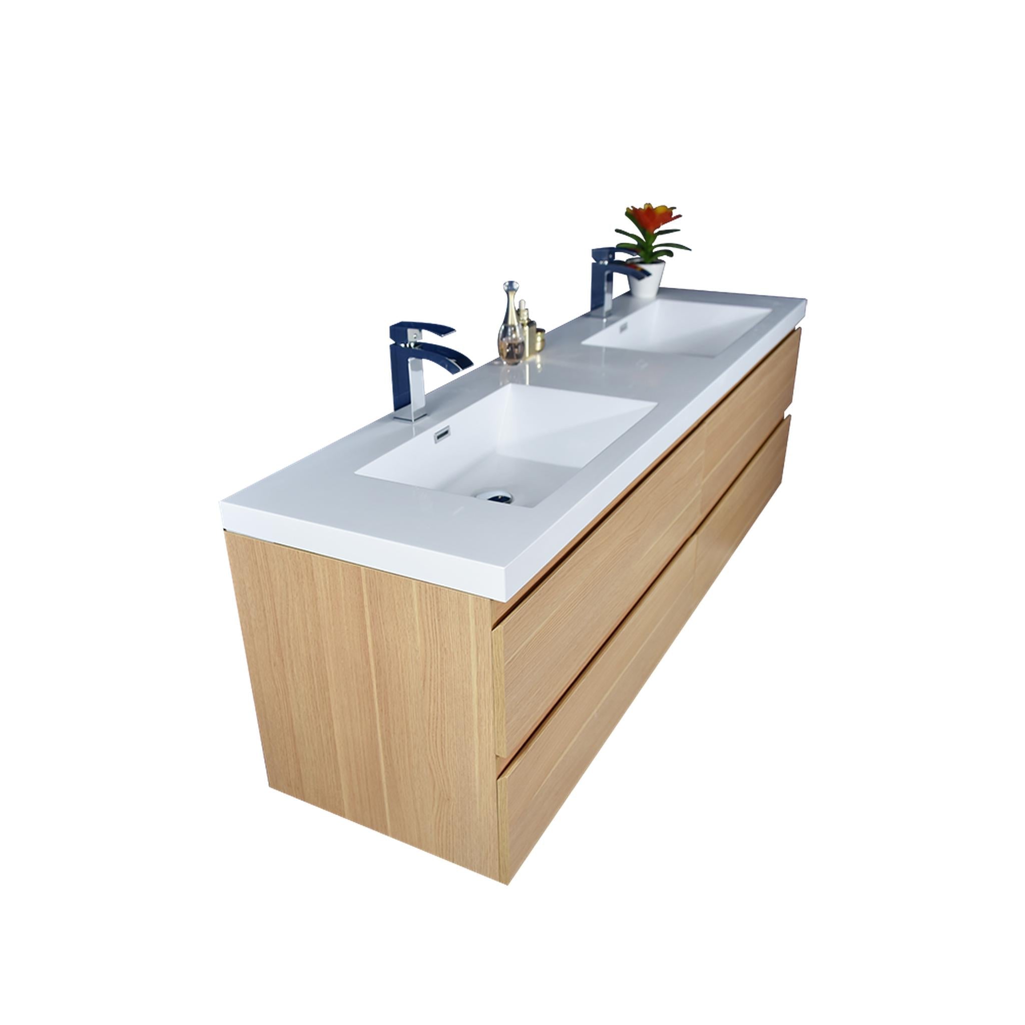 Boho Elegance 72&quot; White Oak Wall-Mounted Vanity With Double Reinforced White Acrylic Sinks