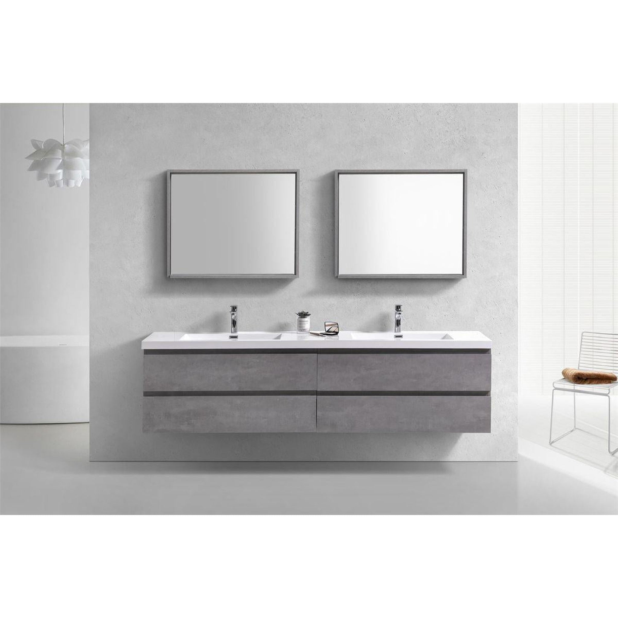 Boho Elegance 84&quot; Cement Gray Wall-Mounted Vanity With Double Reinforced White Acrylic Sinks