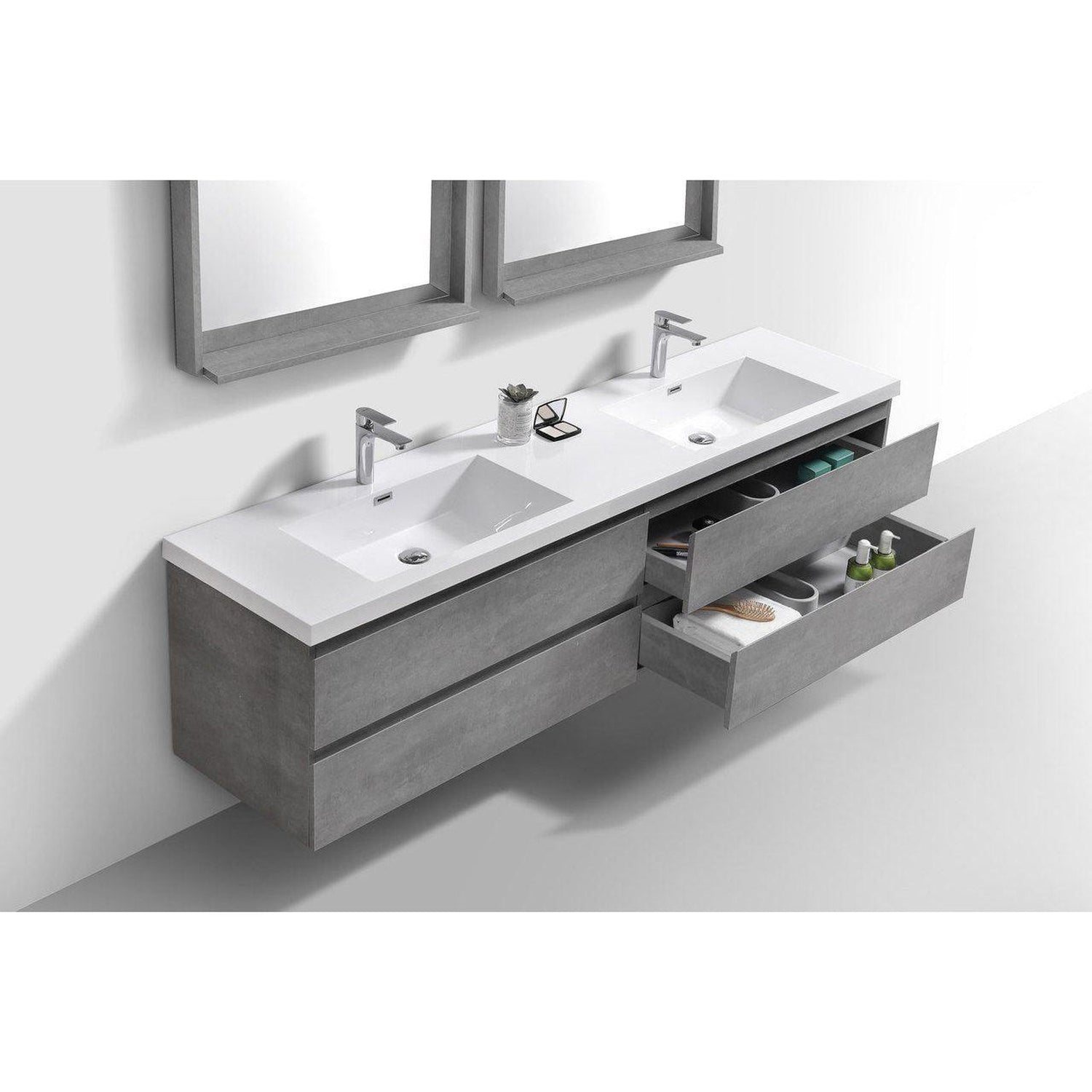 Boho Elegance 84&quot; Cement Gray Wall-Mounted Vanity With Double Reinforced White Acrylic Sinks