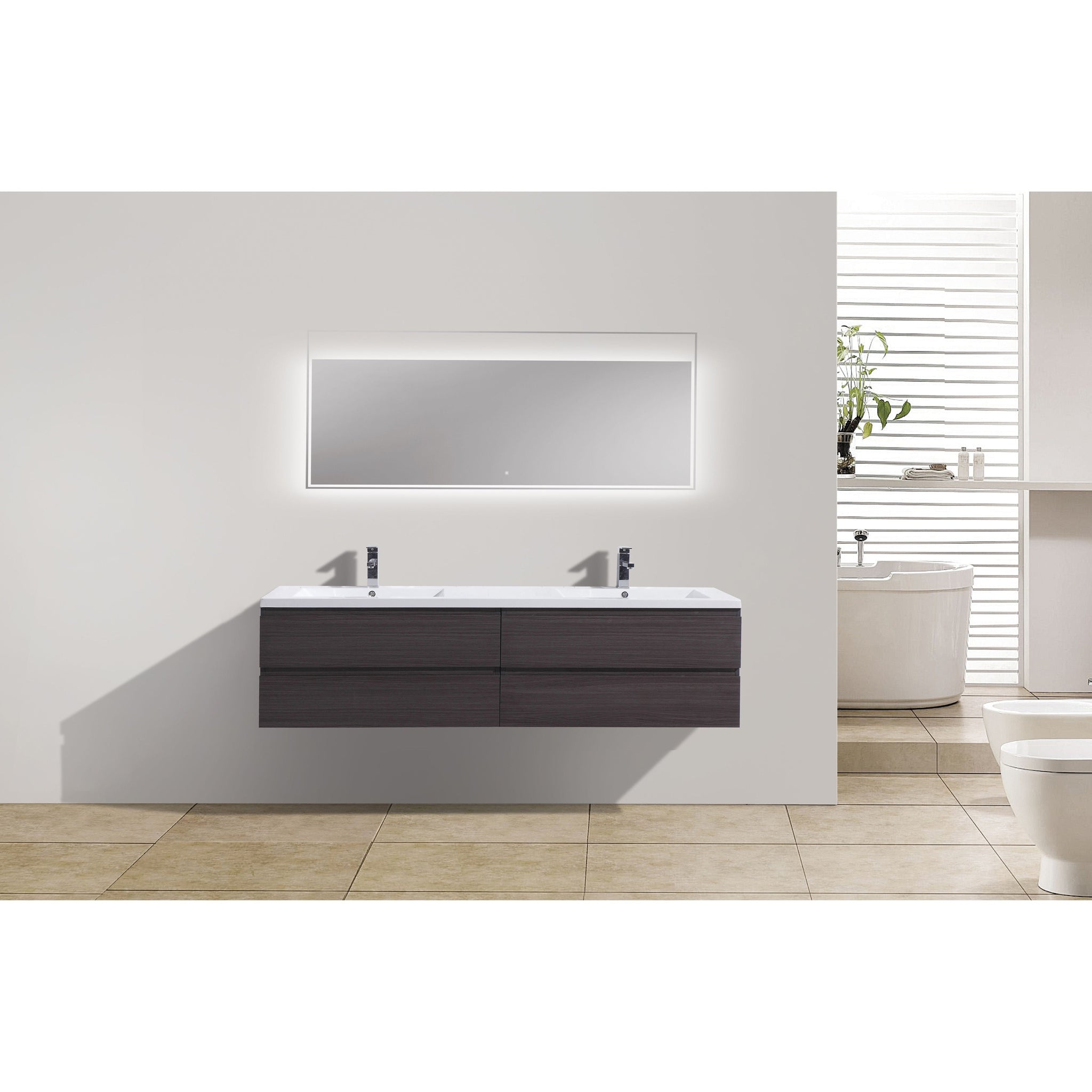 Boho Elegance 84&quot; Dark Gray Oak Wall-Mounted Vanity With Double Reinforced White Acrylic Sinks