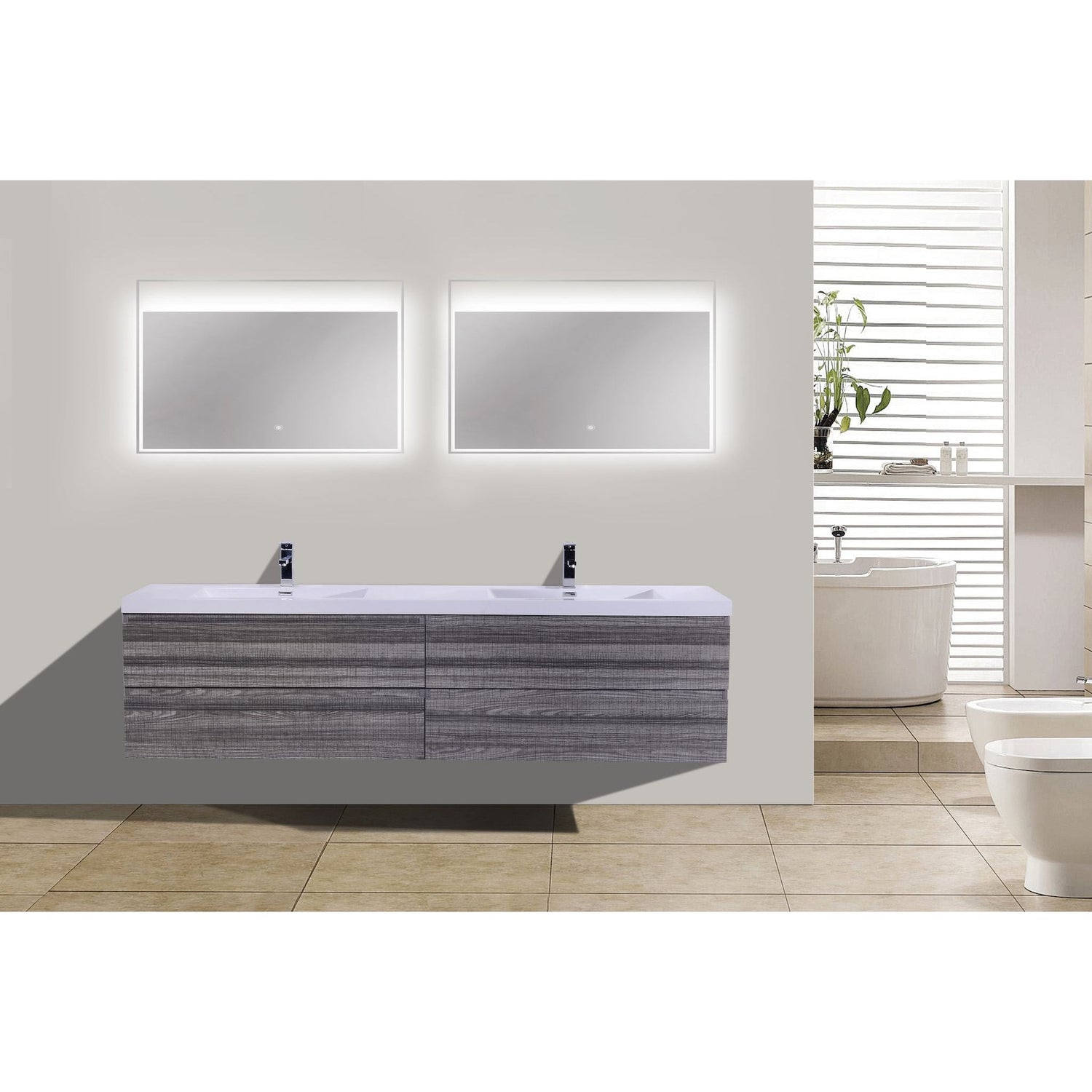 Boho Elegance 84&quot; High Gloss Ash Gray Wall-Mounted Vanity With Double Reinforced White Acrylic Sinks