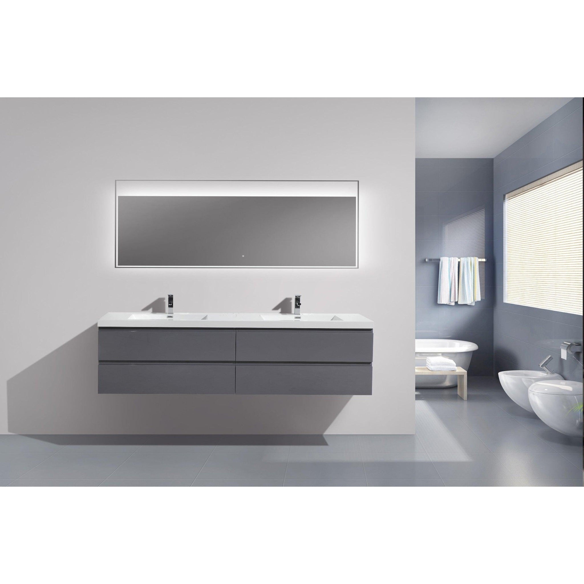 Boho Elegance 84&quot; High Gloss Gray Wall-Mounted Vanity With Double Reinforced White Acrylic Sinks