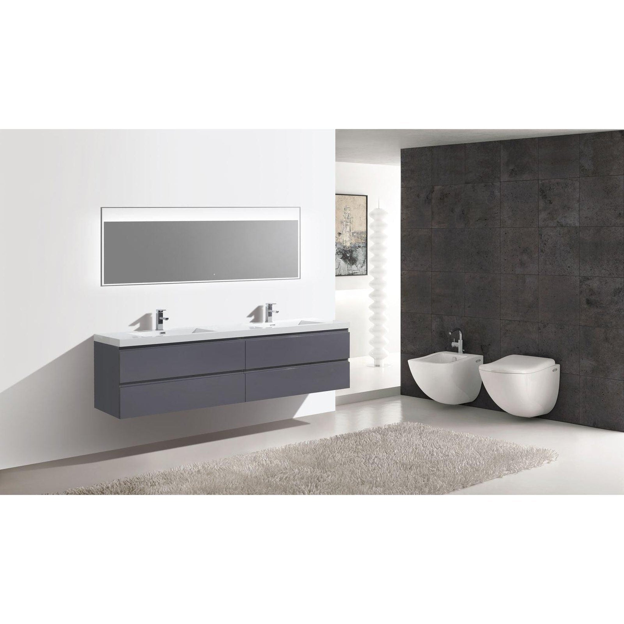 Boho Elegance 84&quot; High Gloss Gray Wall-Mounted Vanity With Double Reinforced White Acrylic Sinks