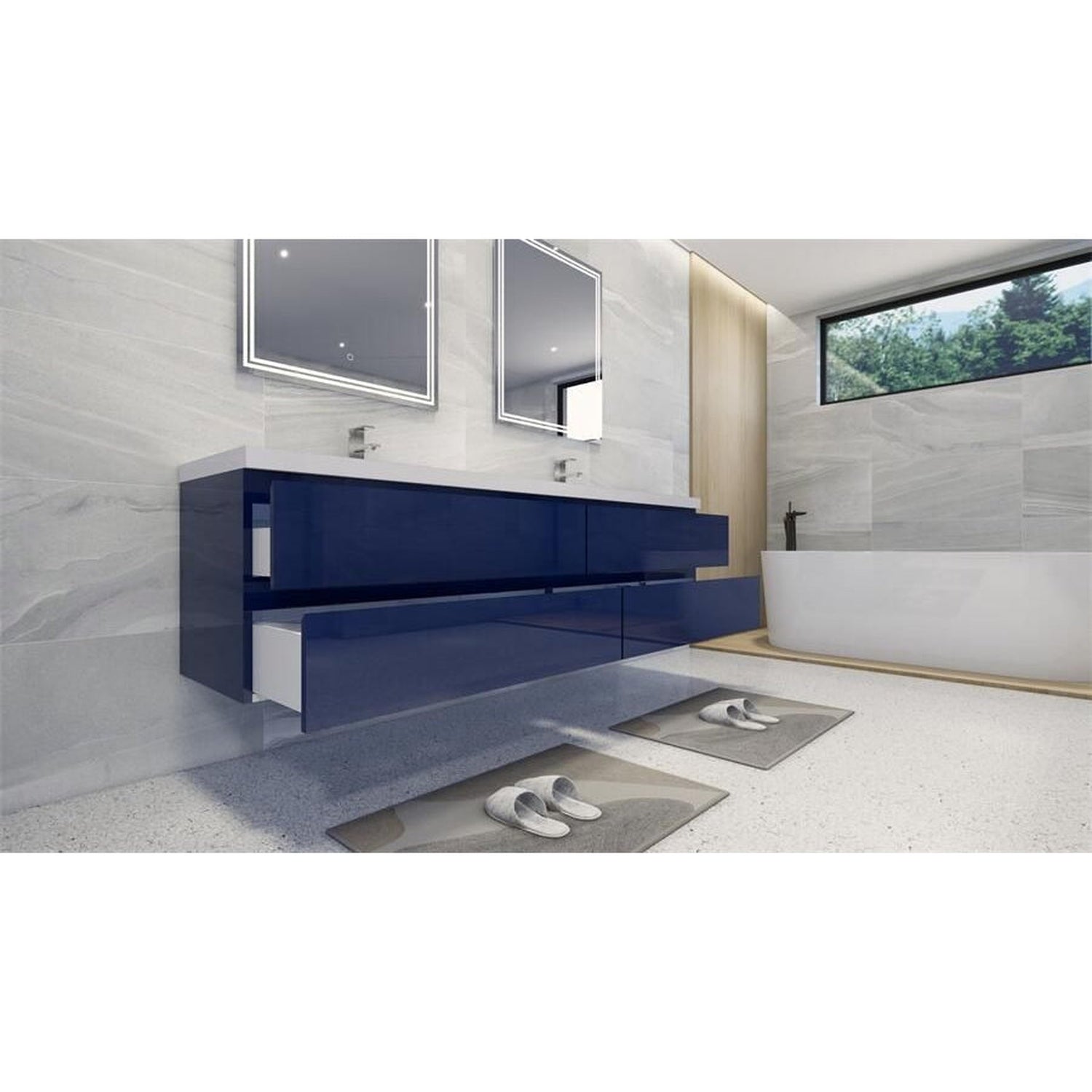 Boho Elegance 84&quot; High Gloss Night Blue Wall-Mounted Vanity With Double Reinforced White Acrylic Sinks