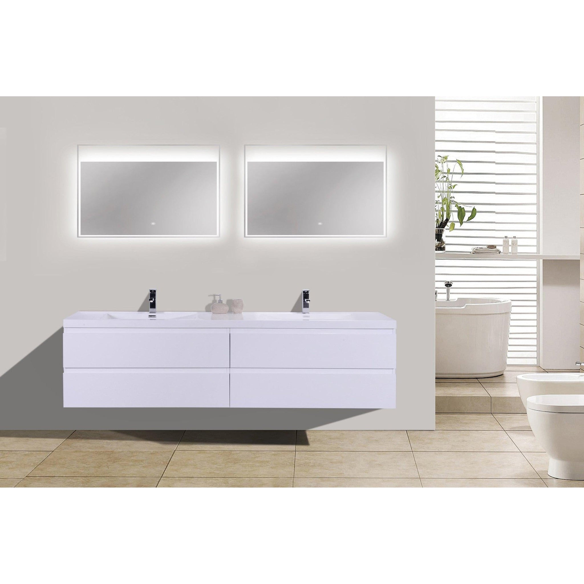 Boho Elegance 84&quot; High Gloss White Wall-Mounted Vanity With Double Reinforced White Acrylic Sinks