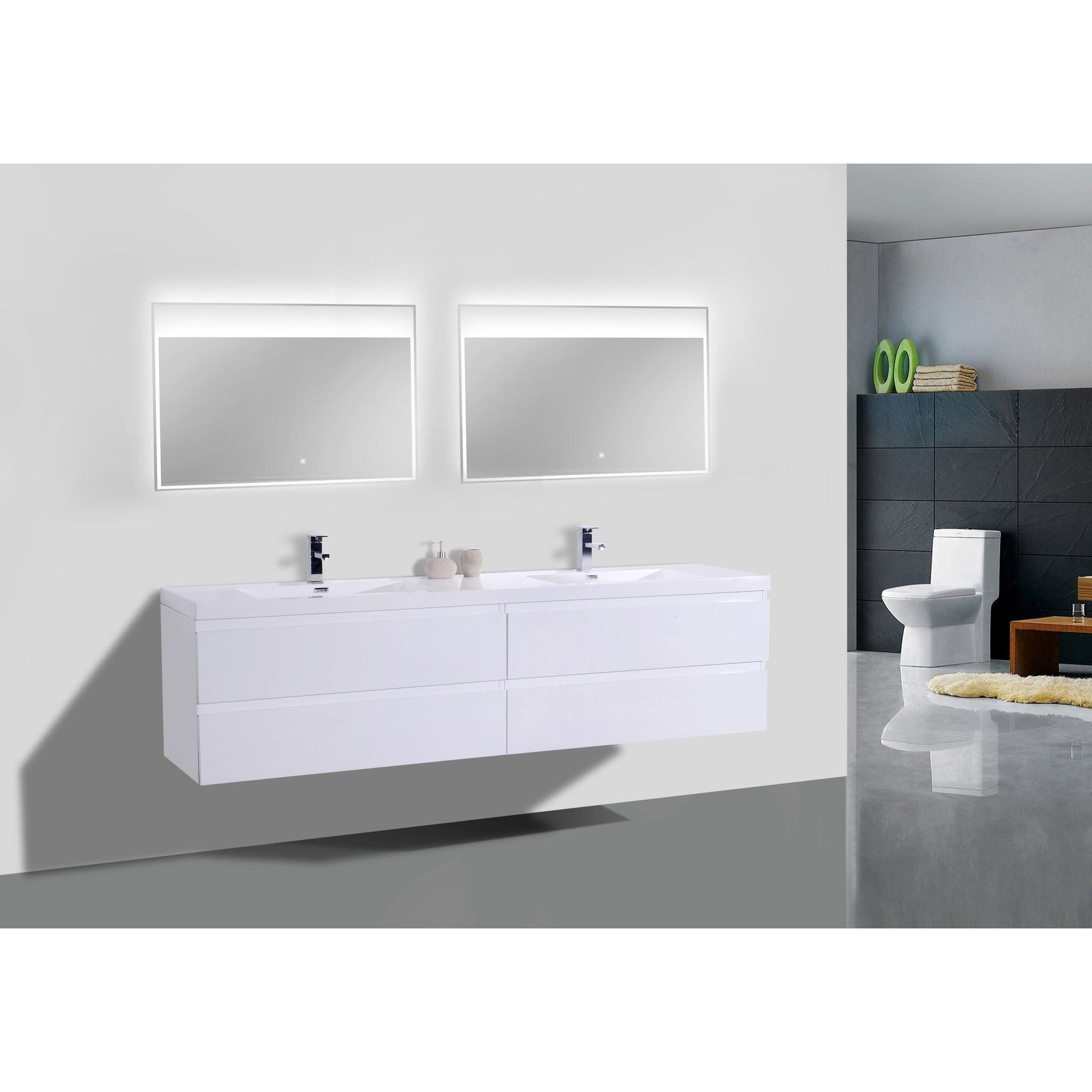 Boho Elegance 84&quot; High Gloss White Wall-Mounted Vanity With Double Reinforced White Acrylic Sinks