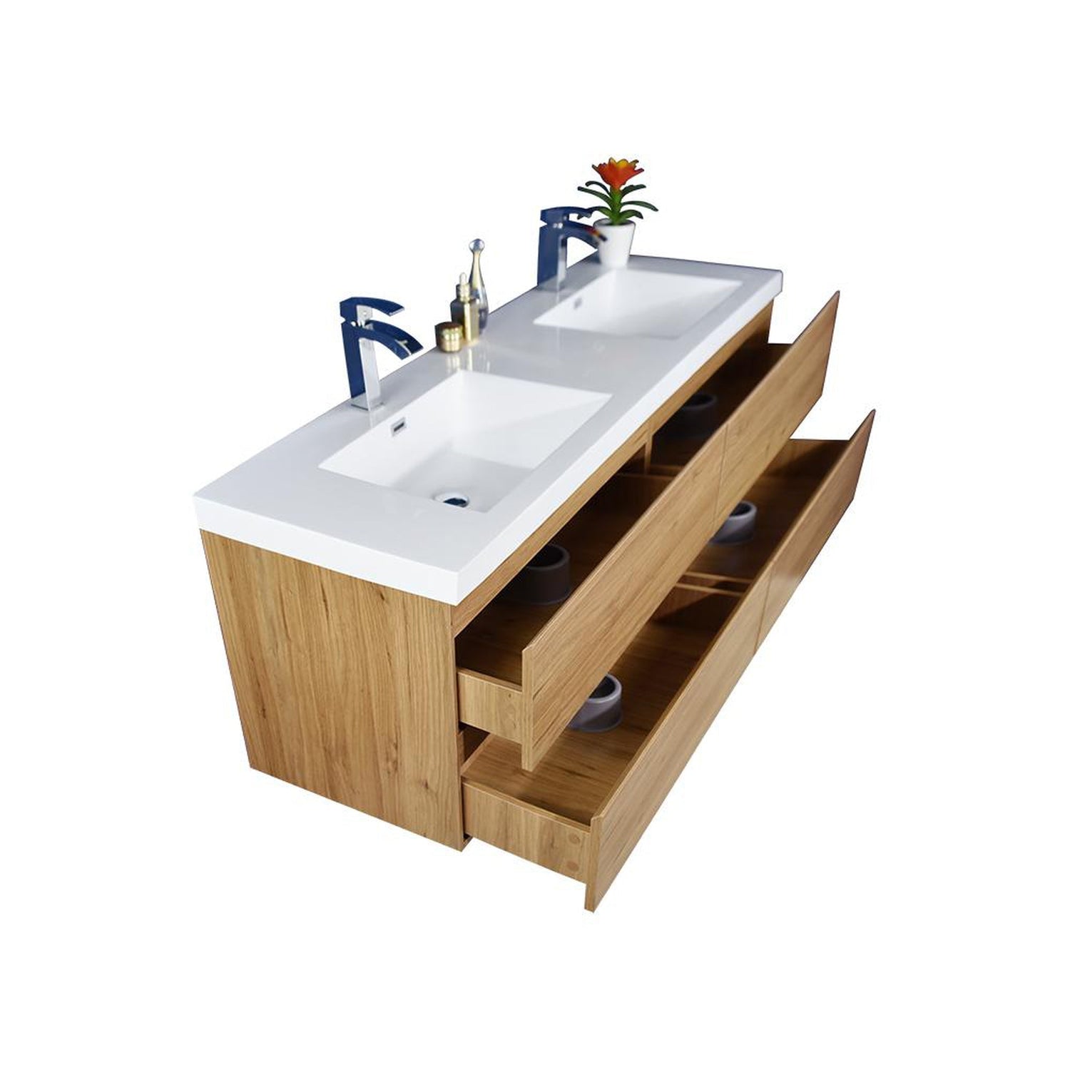 Boho Elegance 84&quot; Nature Oak Wall-Mounted Vanity With Double Reinforced White Acrylic Sinks