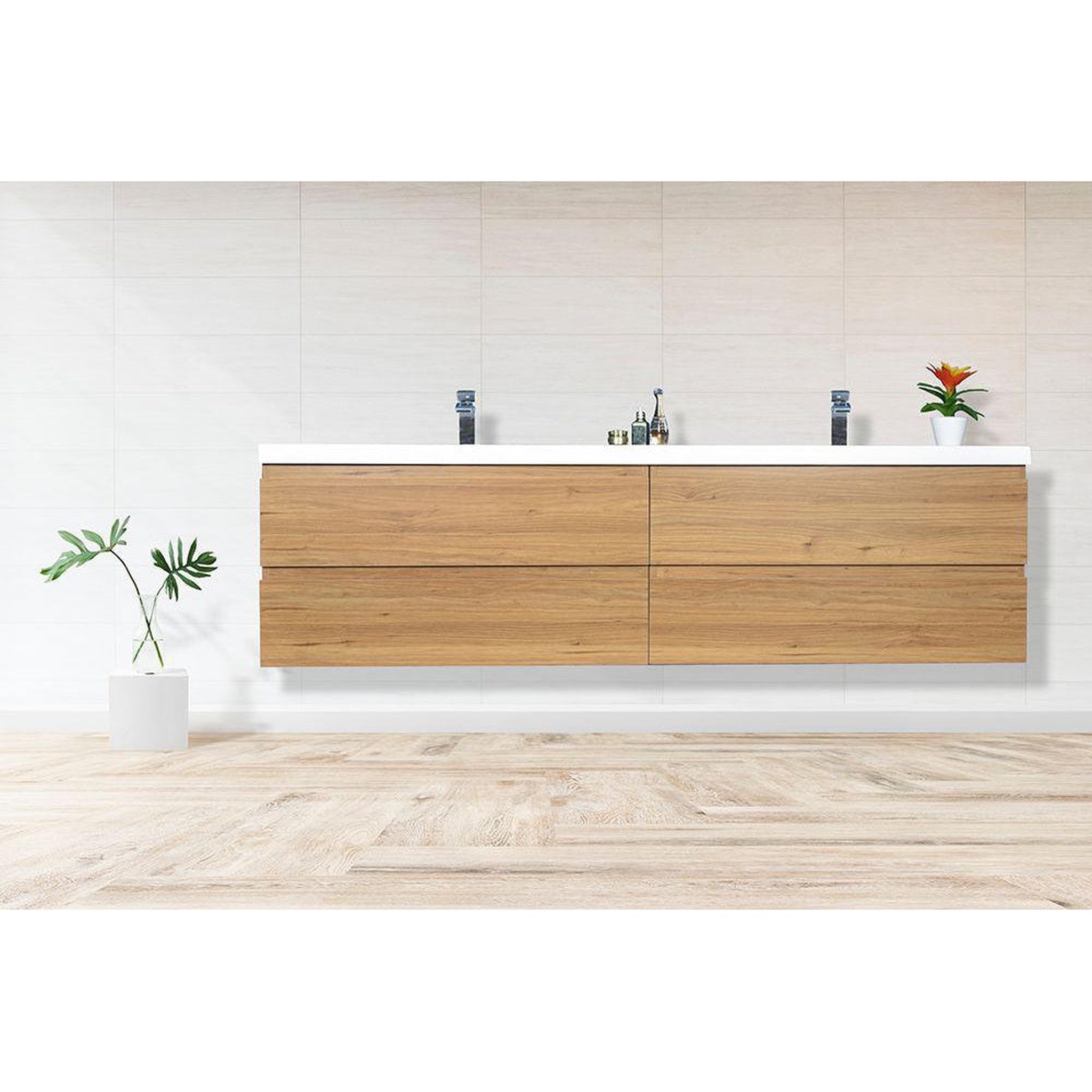 Boho Elegance 84&quot; Nature Oak Wall-Mounted Vanity With Double Reinforced White Acrylic Sinks