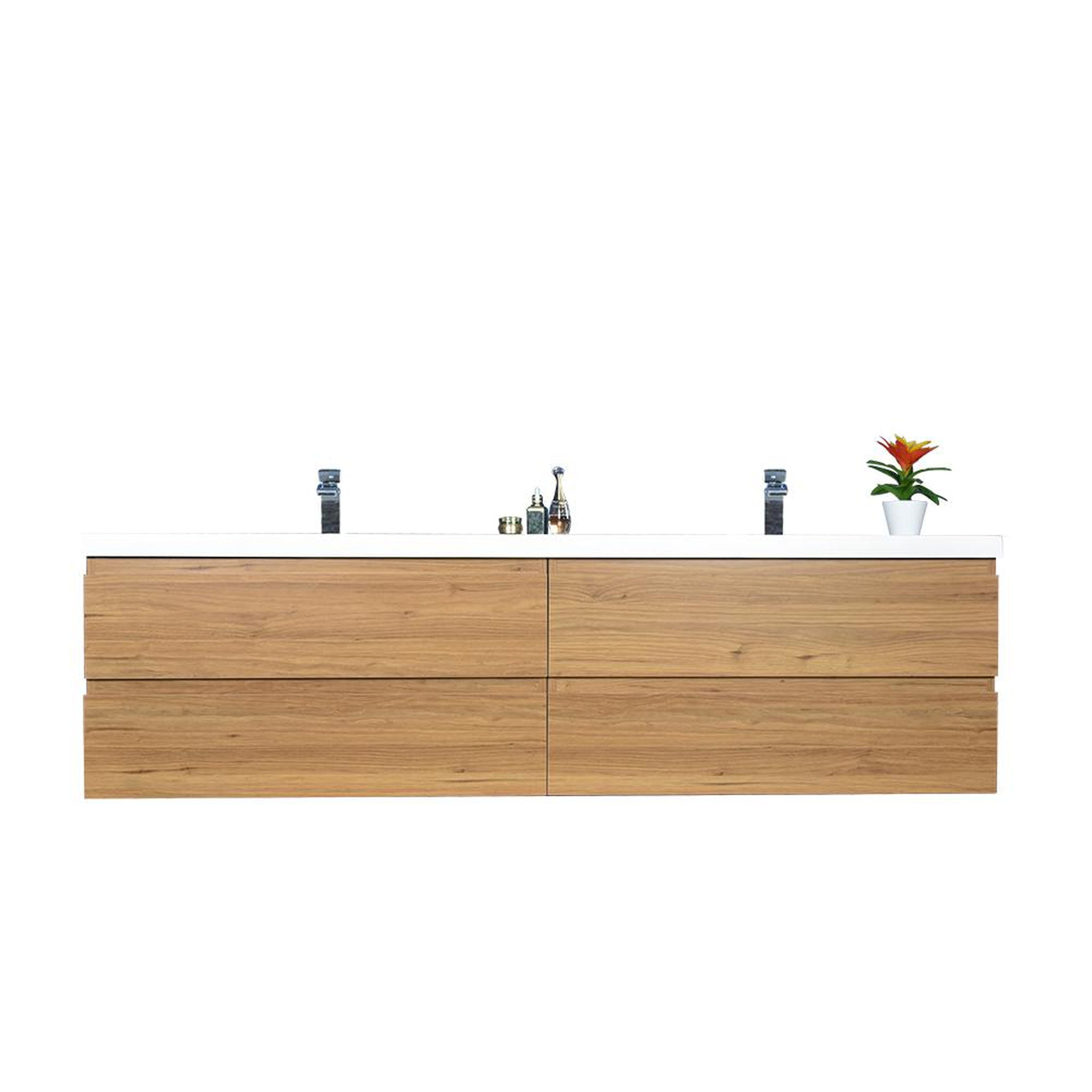 Boho Elegance 84&quot; Nature Oak Wall-Mounted Vanity With Double Reinforced White Acrylic Sinks