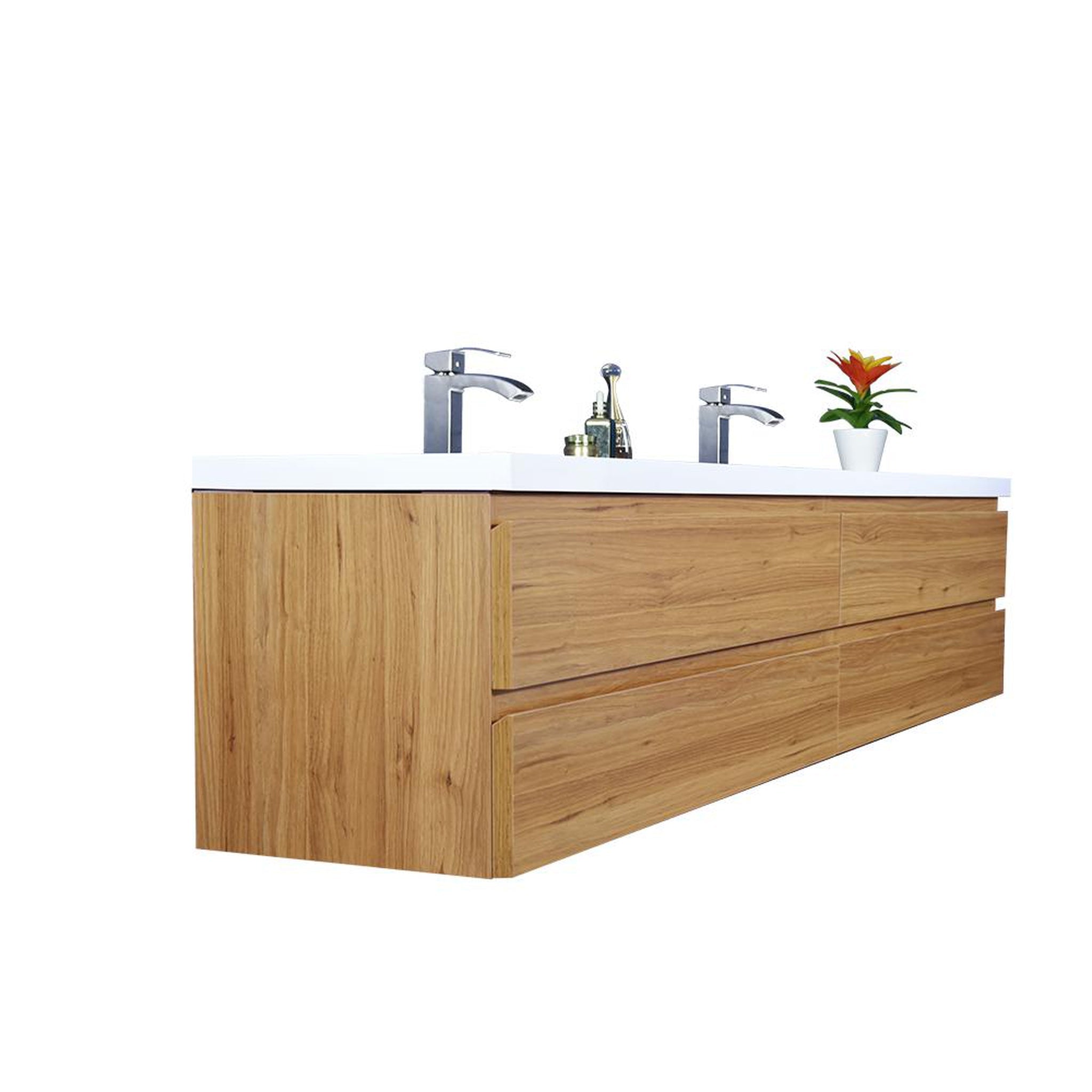 Boho Elegance 84&quot; Nature Oak Wall-Mounted Vanity With Double Reinforced White Acrylic Sinks